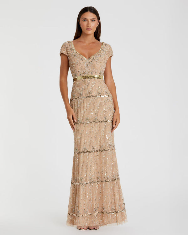 V-Neck Floor-Length Beaded Tulle Formal Gown Sheath Mac Duggal 999089P