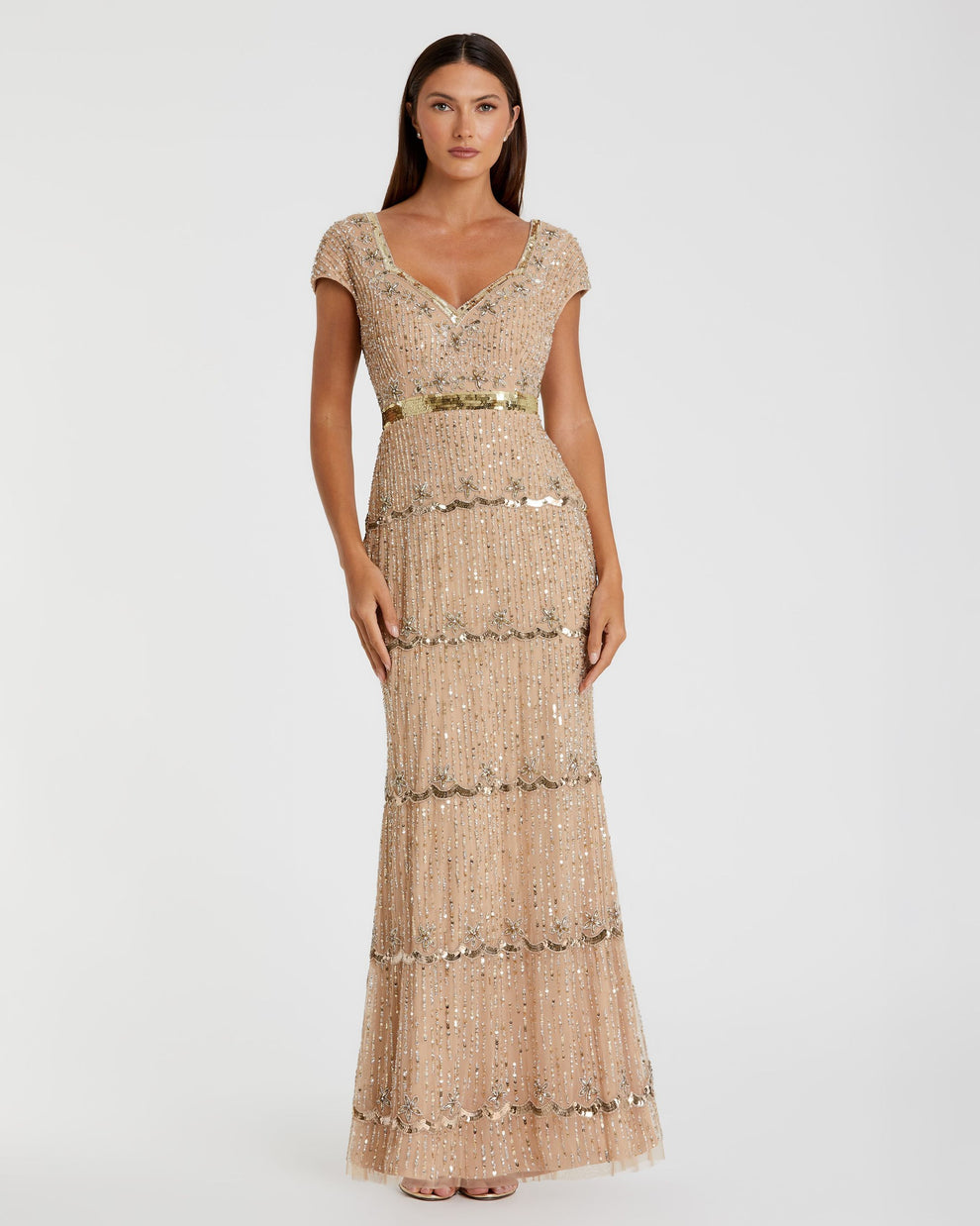 V-Neck Floor-Length Beaded Tulle Formal Gown Sheath Mac Duggal 999089P