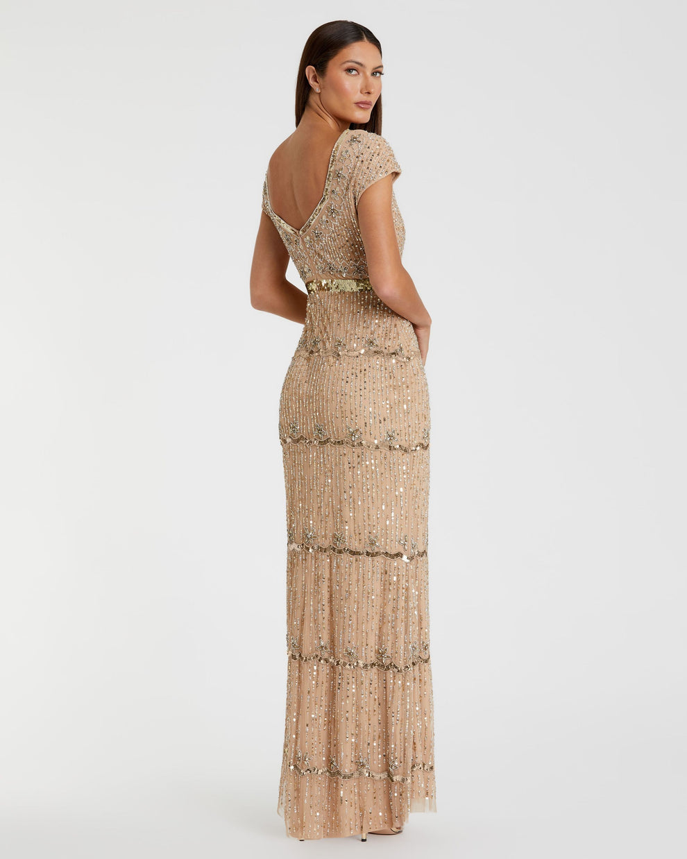 V-Neck Floor-Length Beaded Tulle Formal Gown Sheath Mac Duggal 999089P