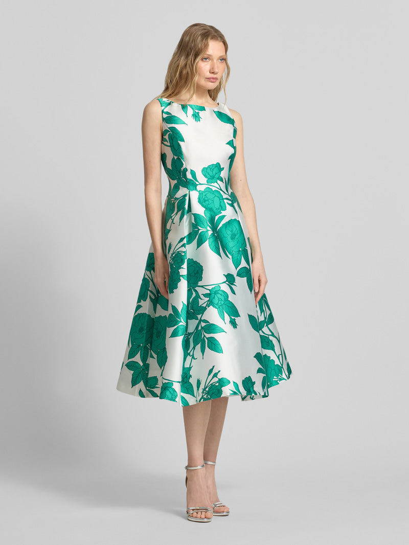 Ivory Green Adrianna Papell AP1E213256 Boat Neck Midi Satin Cocktail Floral Dress