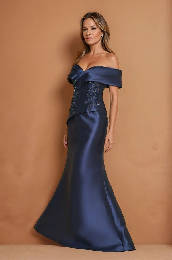 Navy Satin Off-Shoulder Draped Long Formal Dress