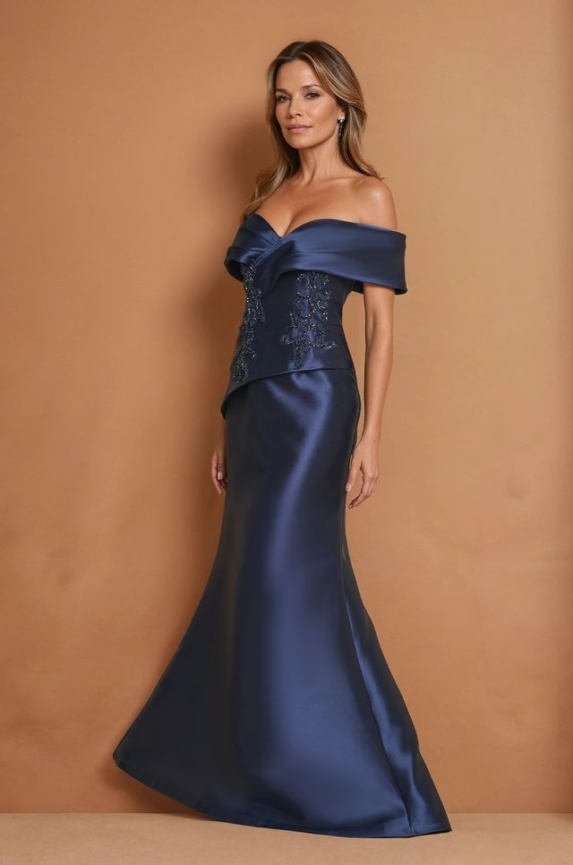 Satin Off-Shoulder Draped Long Formal Dress