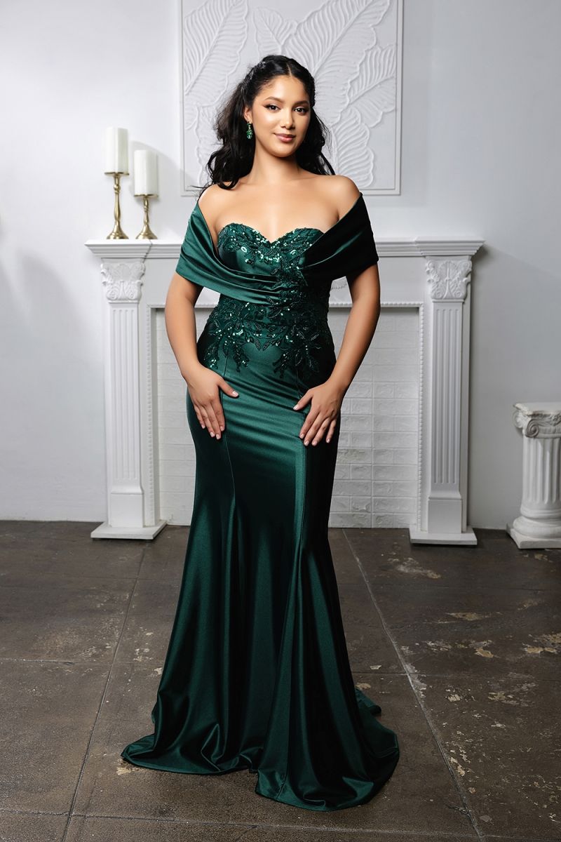 Off-the-Shoulder Floor-Length Satin Formal Dress Sheath May Queen 2174