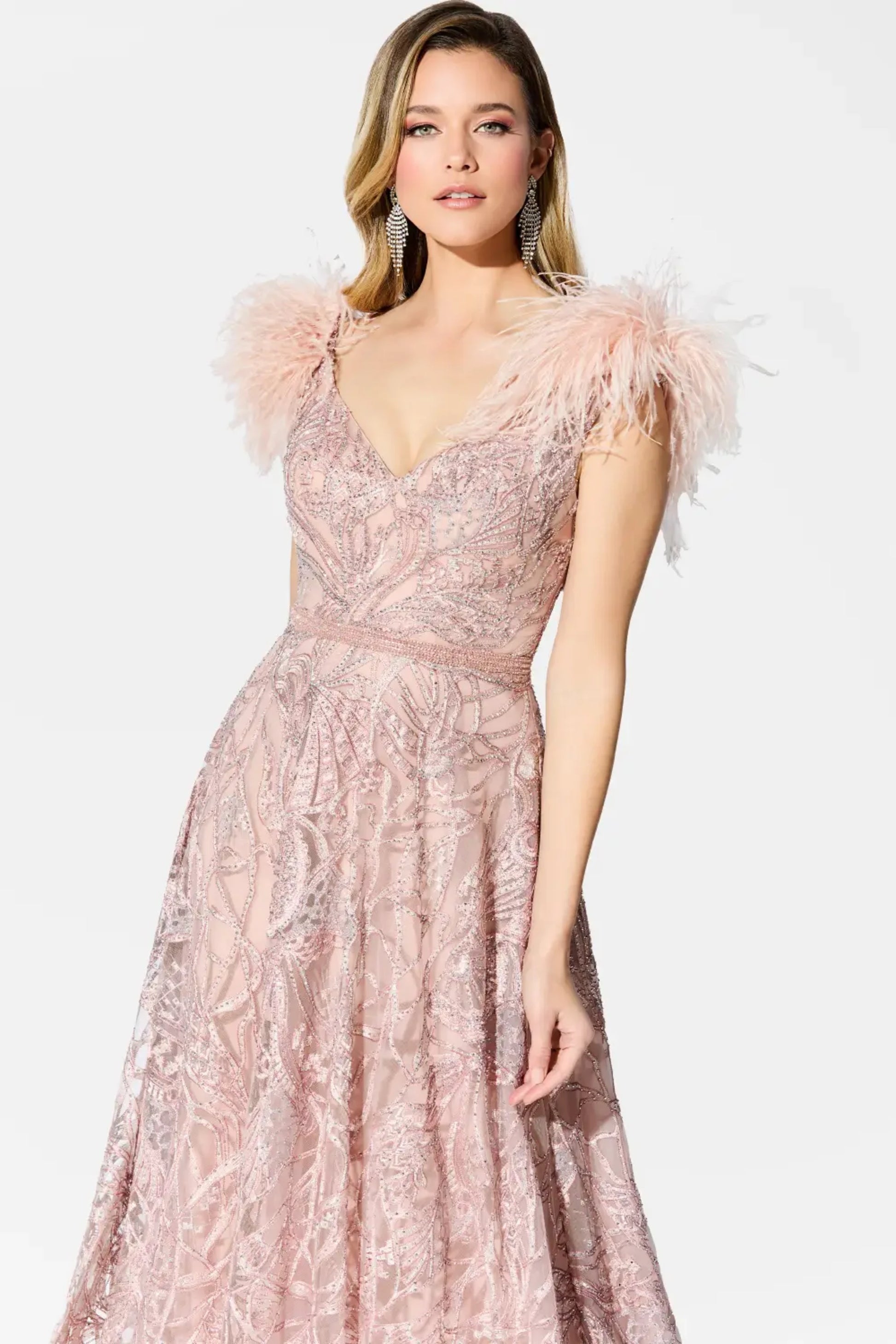 Ivonne D ID906 Long Ball Gown Feather Lace  Evening Dress