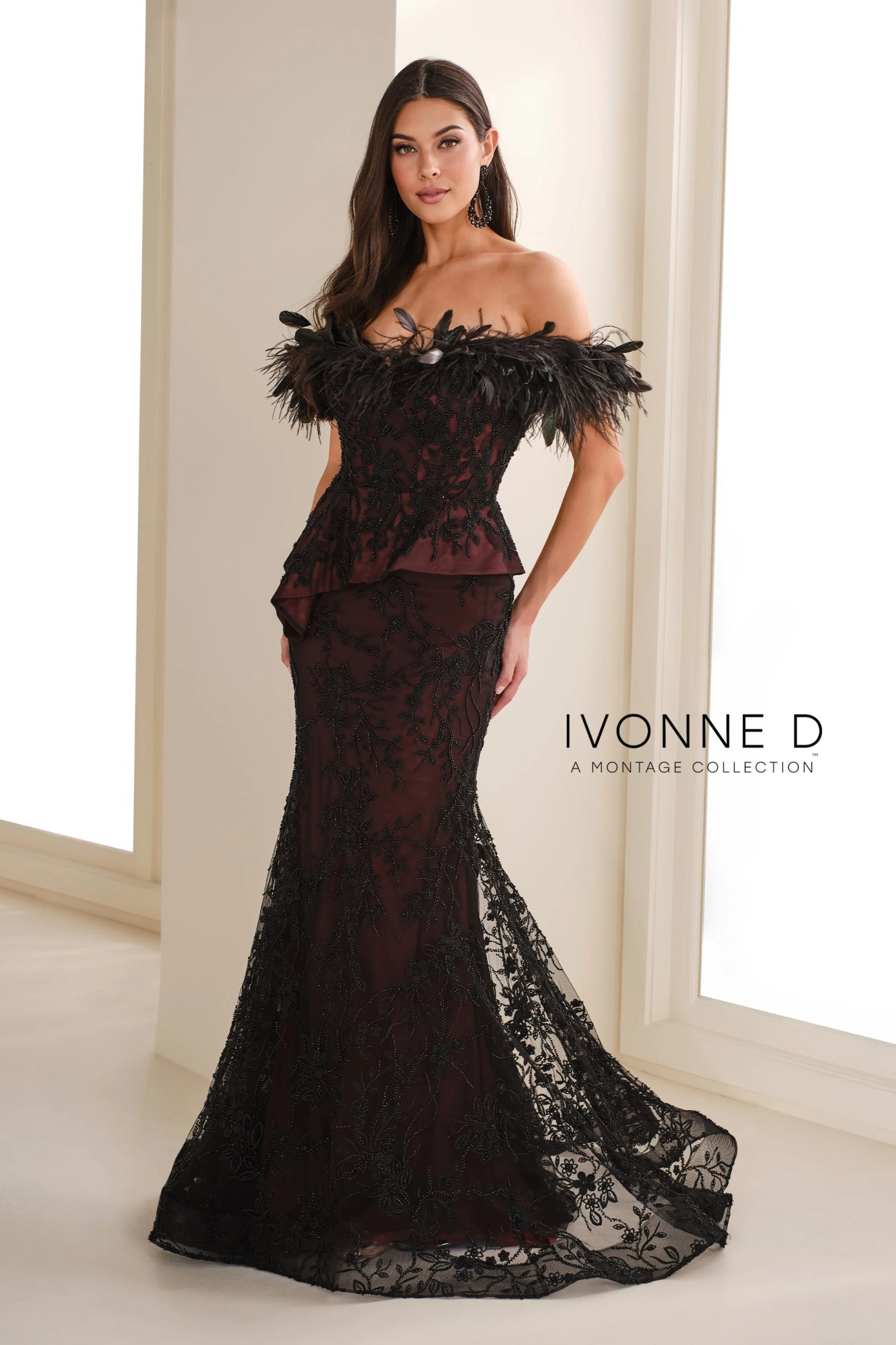 Ivonne D ID6208 Long Mermaid Formal Peplum Feather Evening Dress