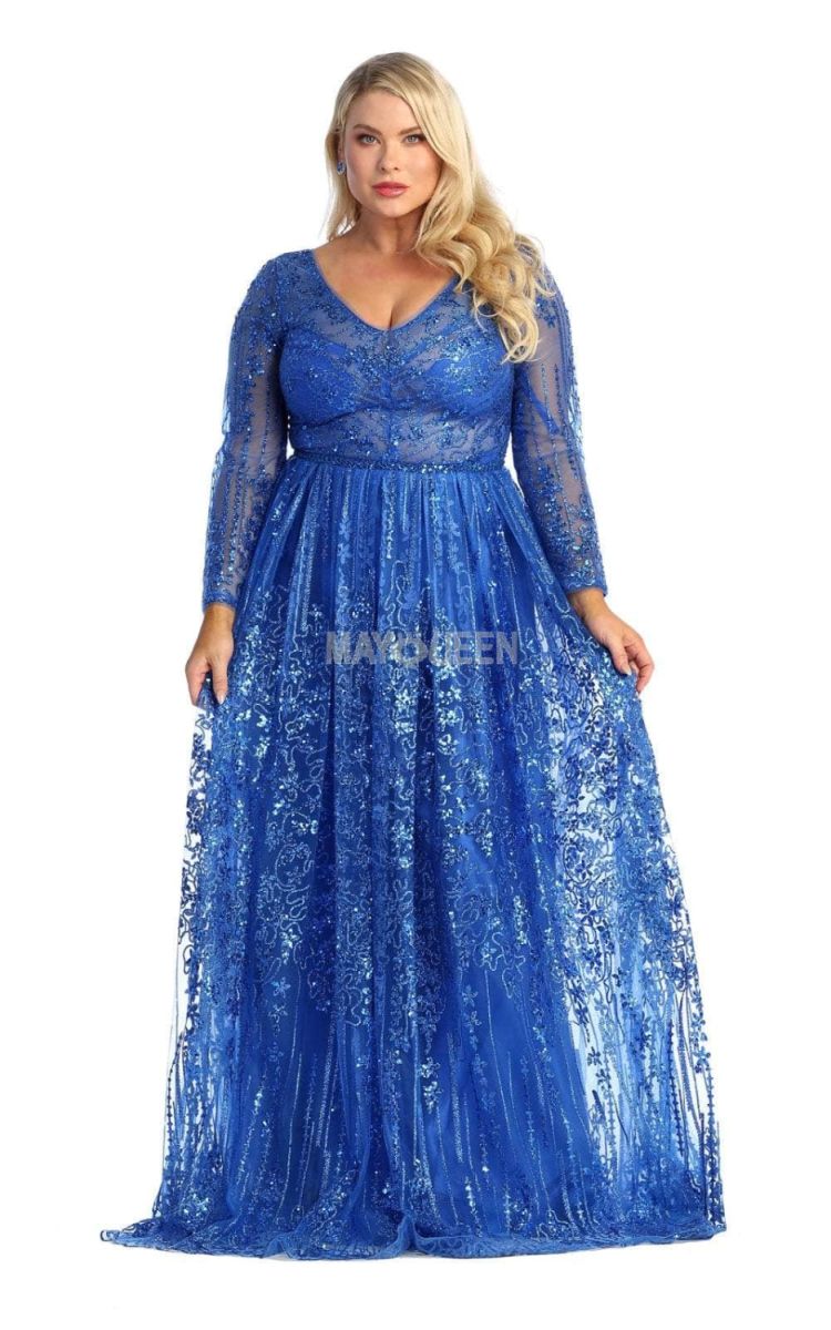 V-Neck Floor-Length Lace Evening Gown A-Line May Queen RQ7920