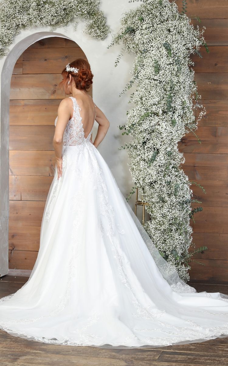 V-Neck Floor-Length with Train Tulle Bridal Dress A-Line May Queen RQ8098