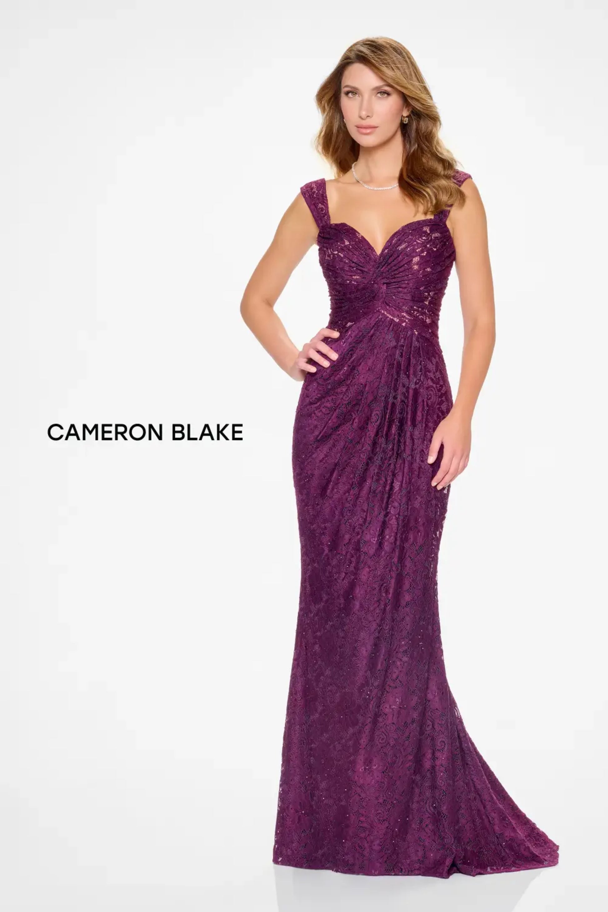 Cameron Blake CB210 Long Mermaid Pleated Formal Lace Evening Dress
