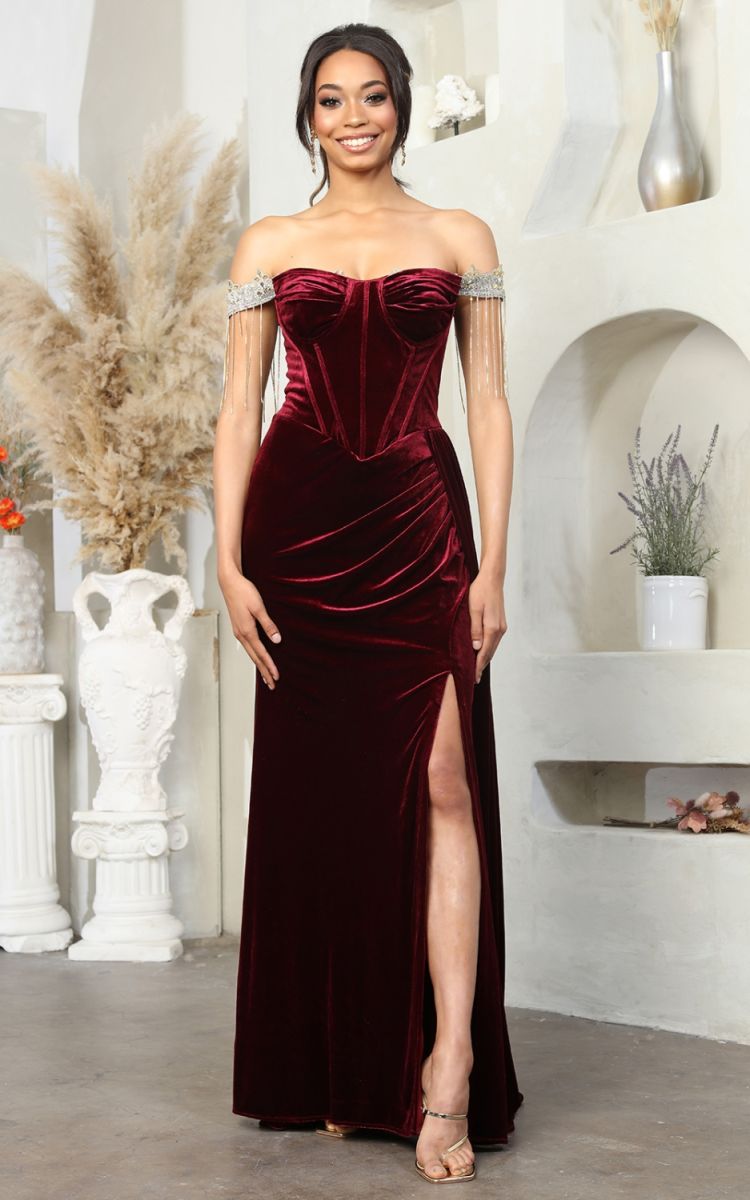 Burgundy Off-the-Shoulder Floor-Length Velvet Prom Dress High Slit May Queen RQ8033