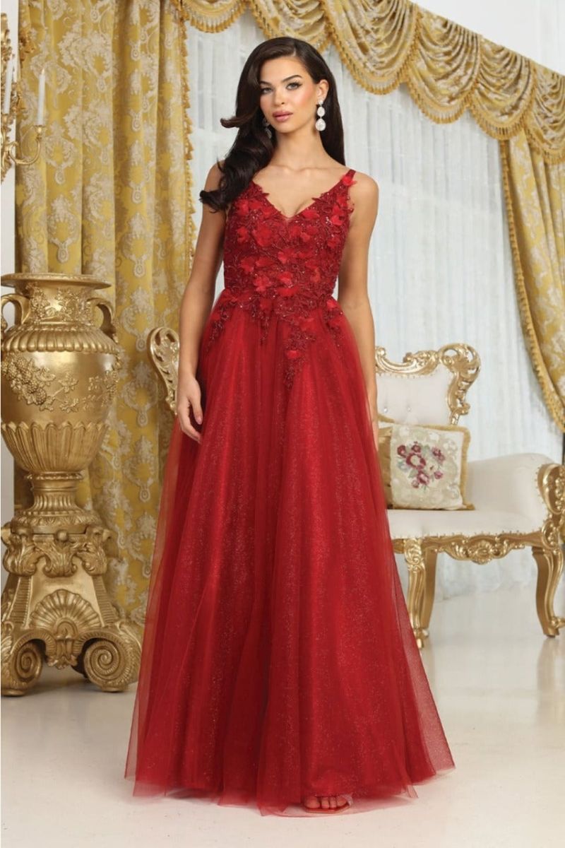 V-Neck Floor-Length Tulle Prom A-Line May Queen 2015