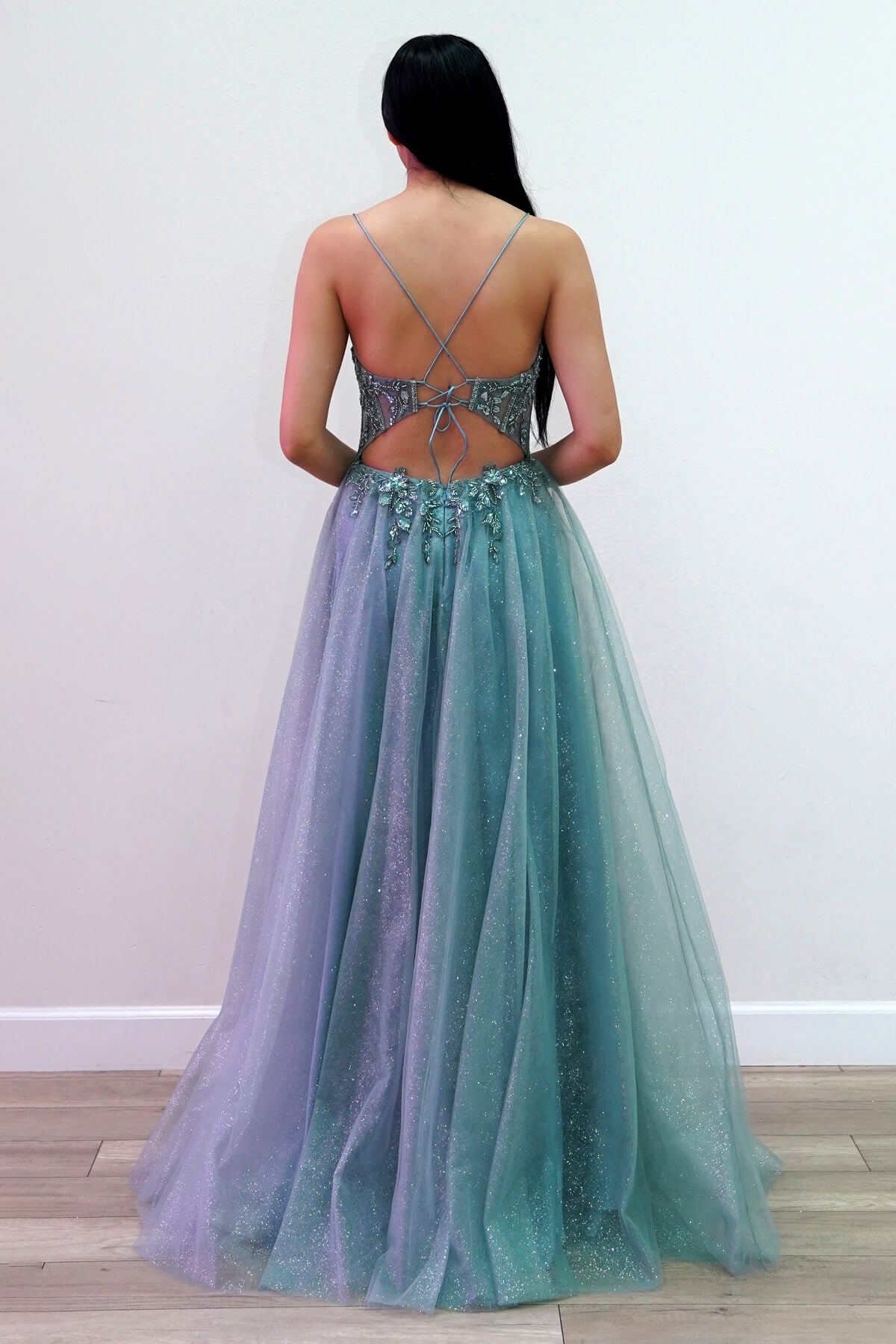 V-Neck Floor-Length Tulle Gown with Sheer Corset Detailing  Formal Go  The  Dress Outlet