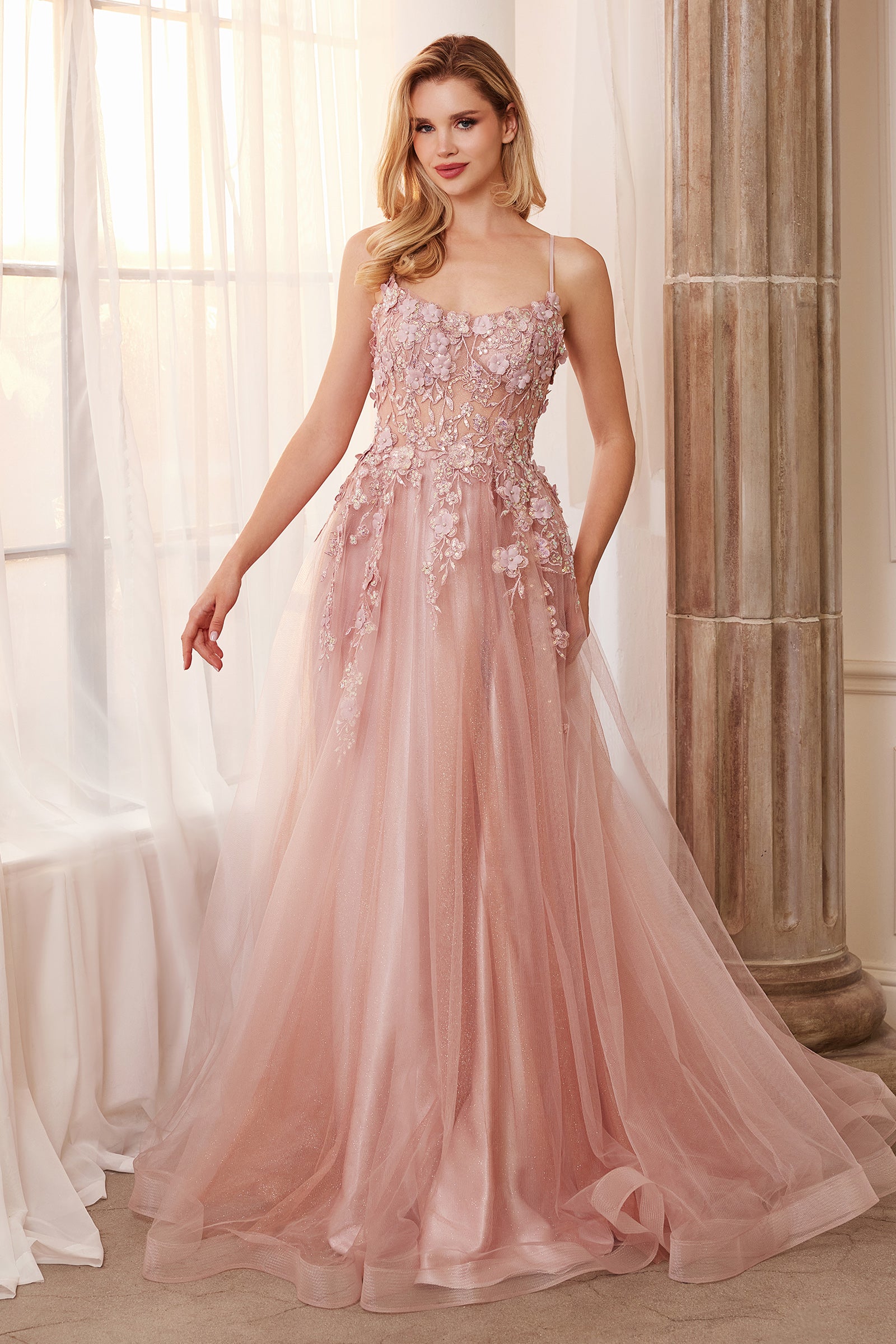Lavender Andrea Leo A1142 Spaghetti Strap Floral Applique Prom Dress for 268.95 The Dress Outlet