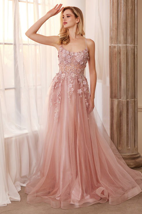 Lavender Andrea & Leo A1142 Spaghetti Strap Floral Applique Prom Dress for $289.0 – The Dress Outlet