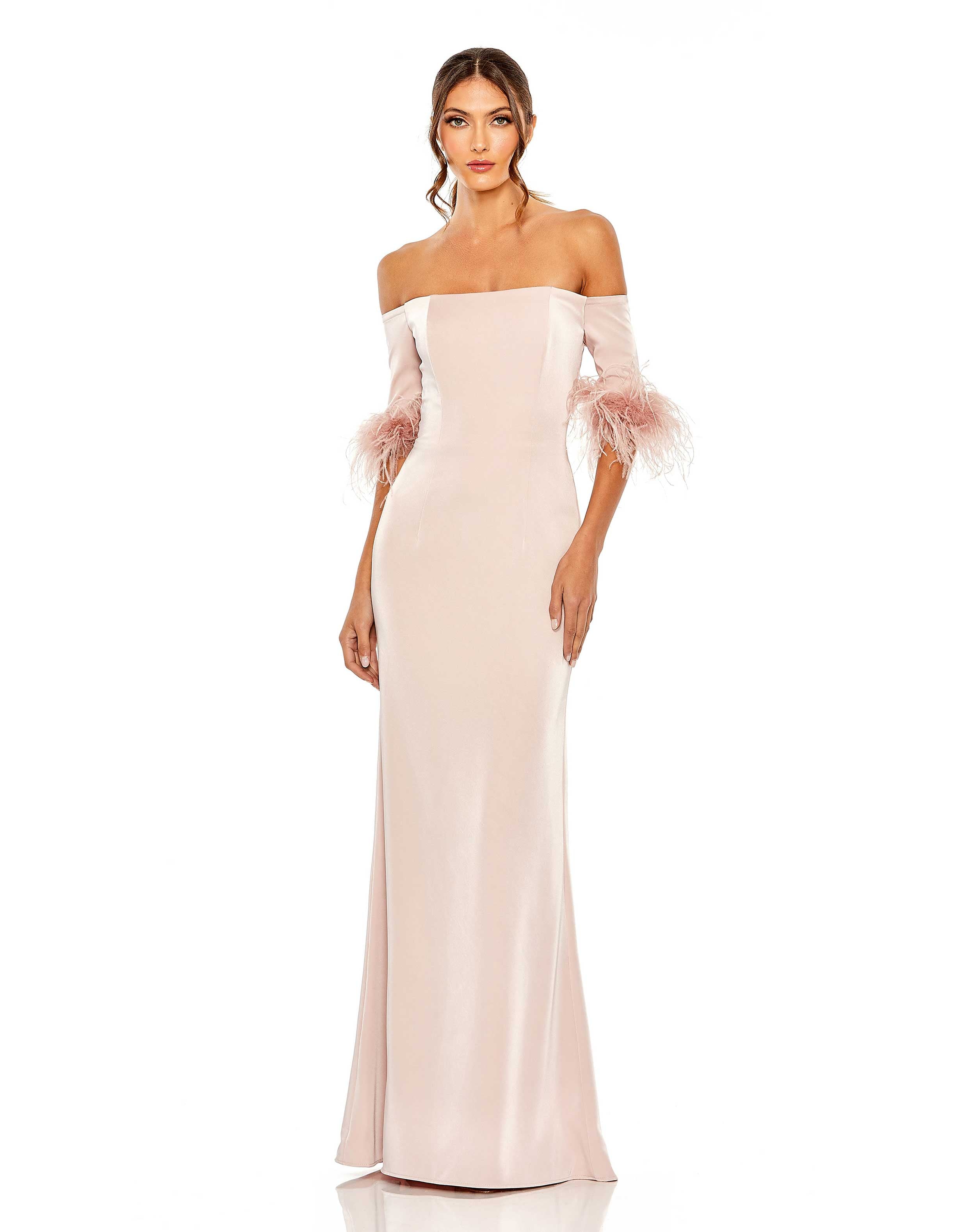 Prom Dresses  Feather Trim Long Fitted Formal Prom Gown Blush