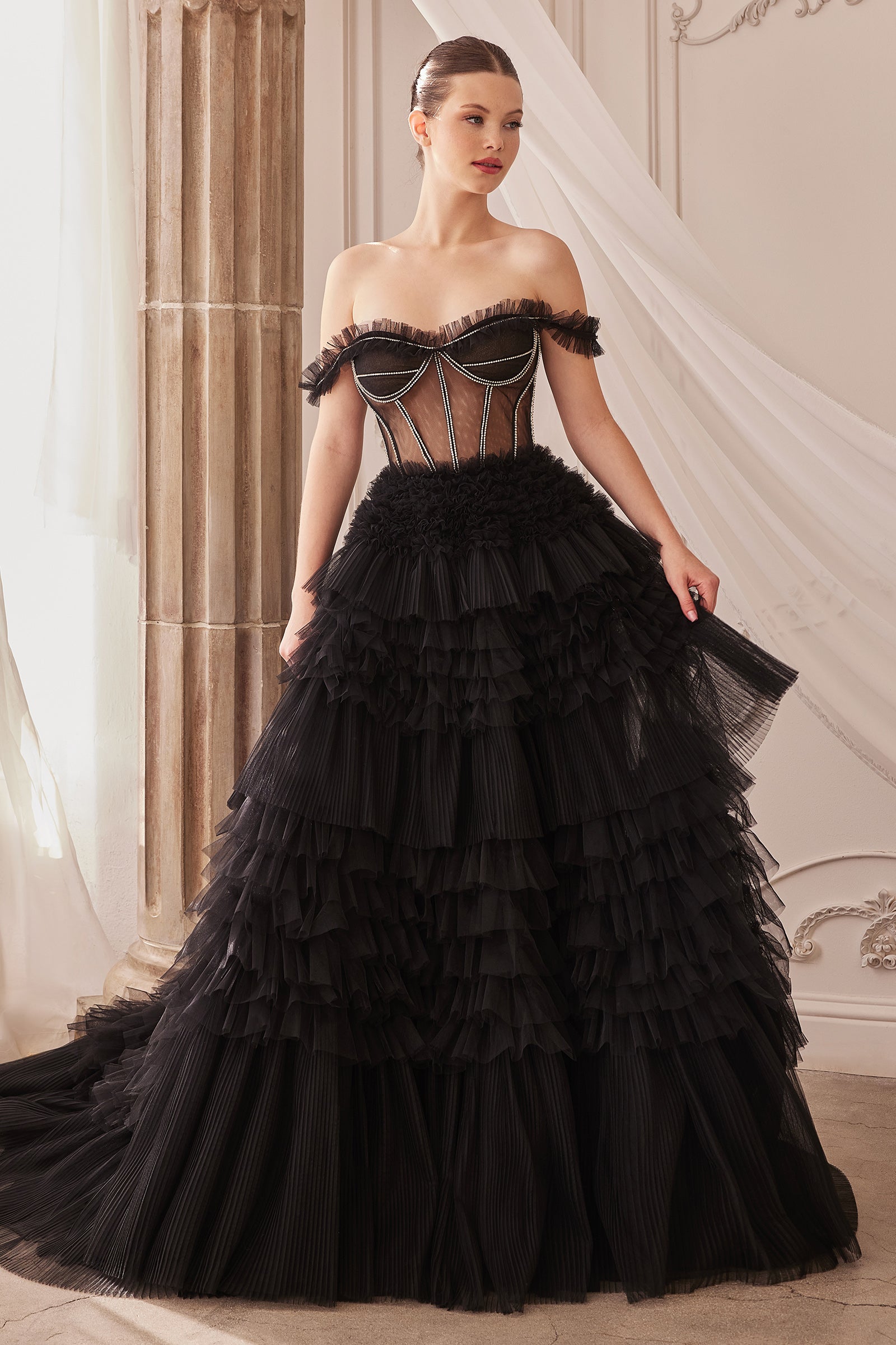 Andrea & Leo A1150 Strapless Ruffle Tulle Gown Black