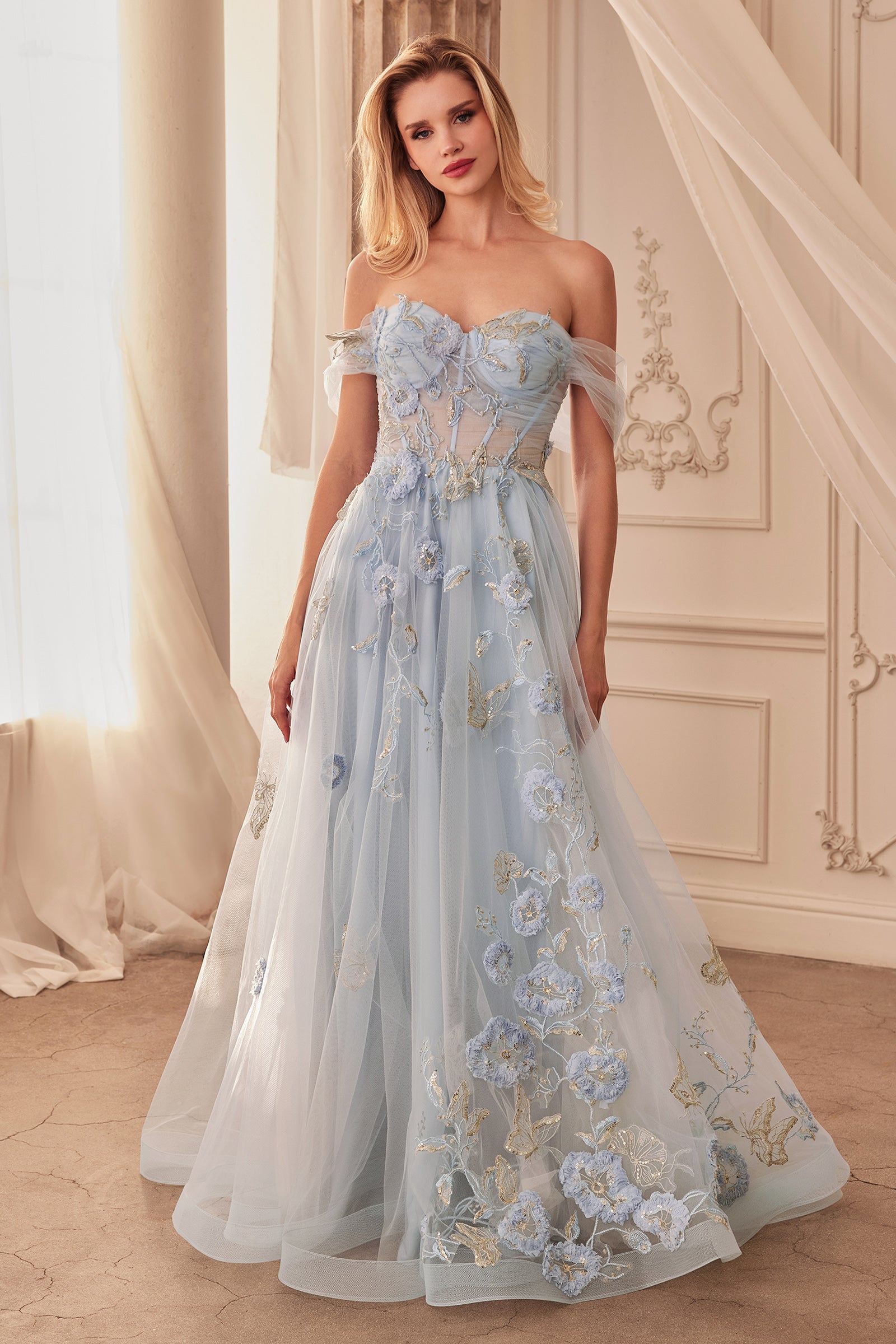Andrea & Leo A1246 Long Floral A Line Formal Prom Dress - Dusty Blue / 6 Andrea & Leo A1246 Long Floral A Line Formal Prom Dress - Dusty Blue / 6