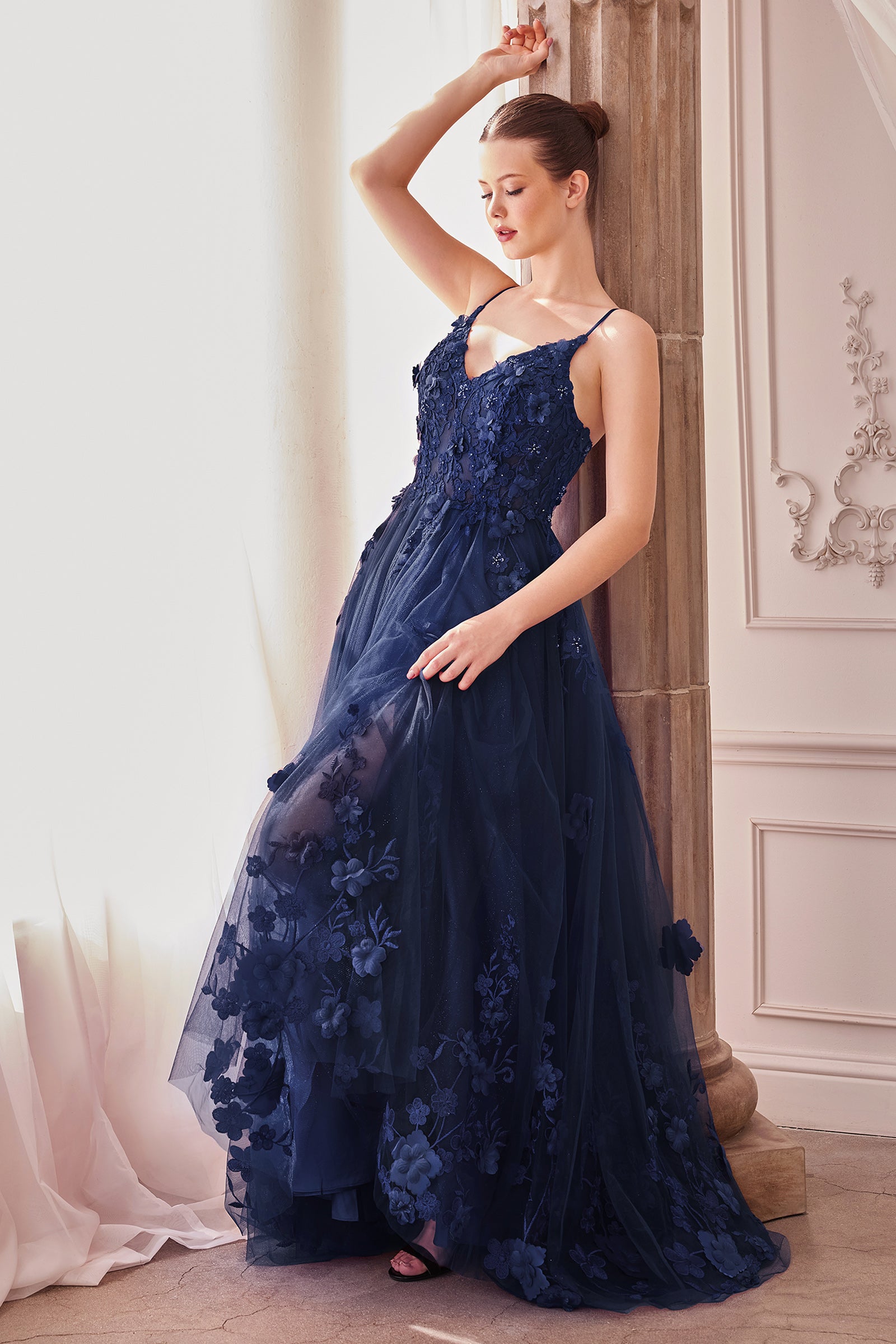 Prom Dresses Long Floral A Line Formal Prom Dress Navy