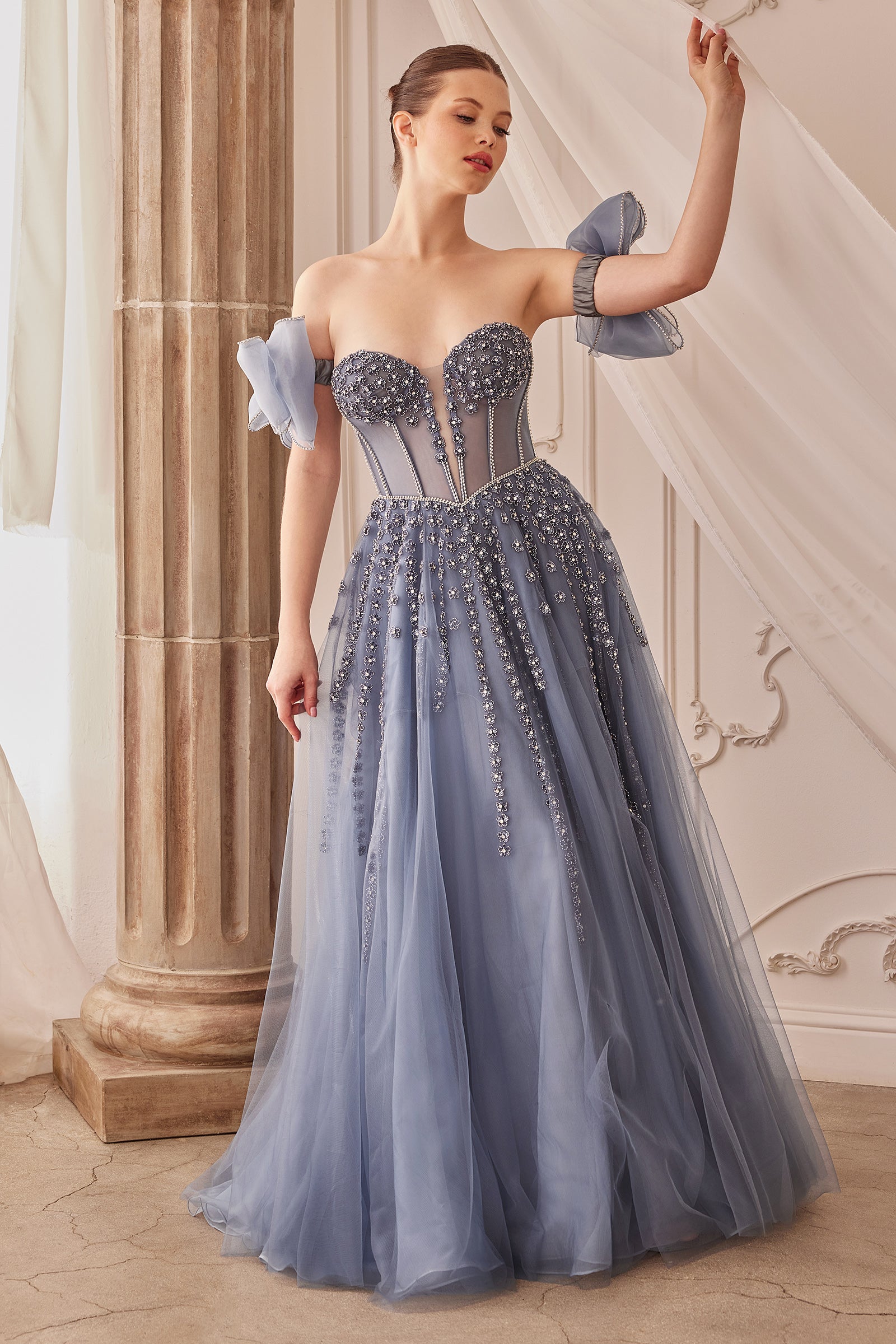 prom dresses in midnight blue Andrea & Leo A1338 Detachable Sleeve Formal Prom Long Dress – The Dress Outlet