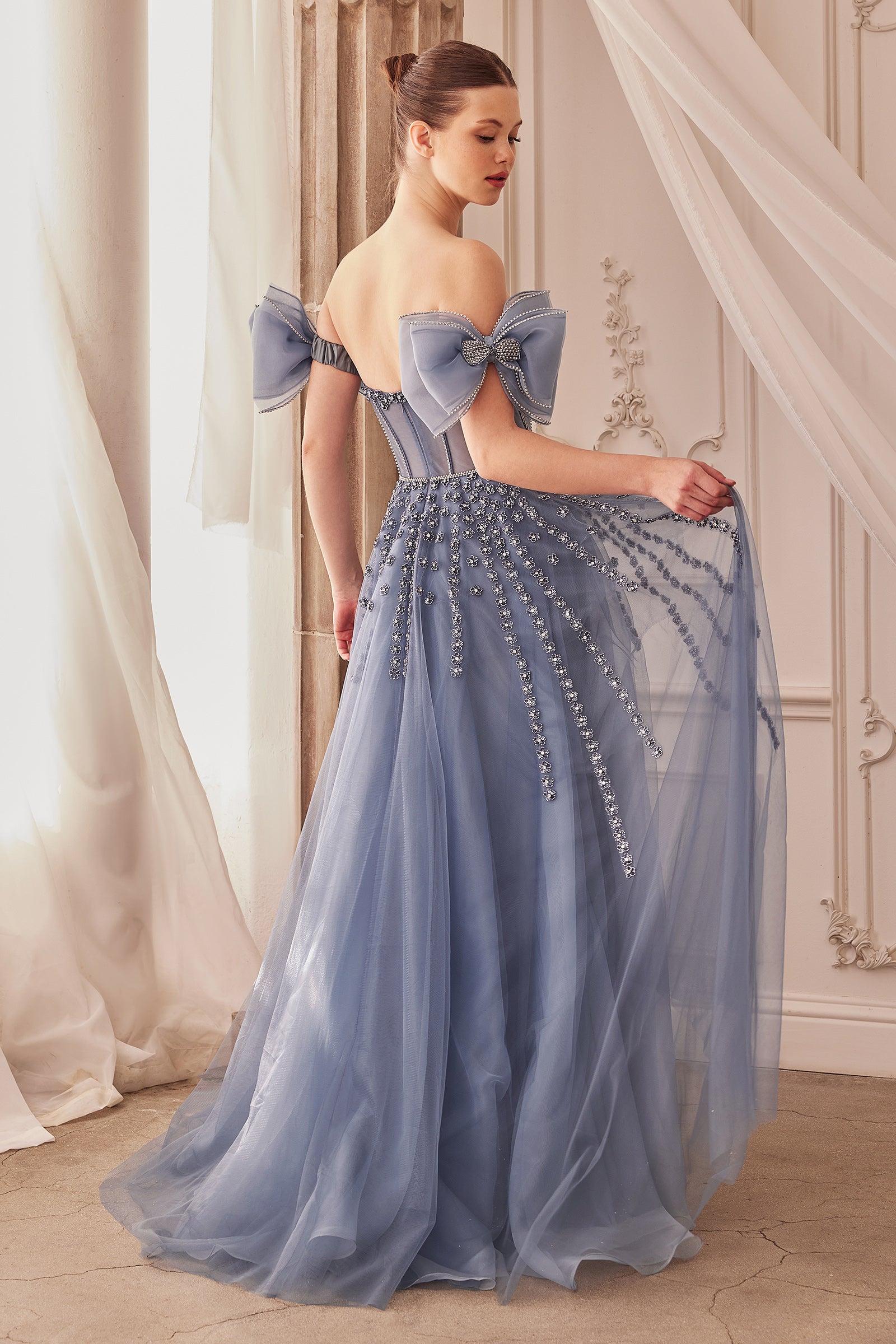 Prom Dresses Bow Sleeve Formal Prom Long Dress Midnight Blue