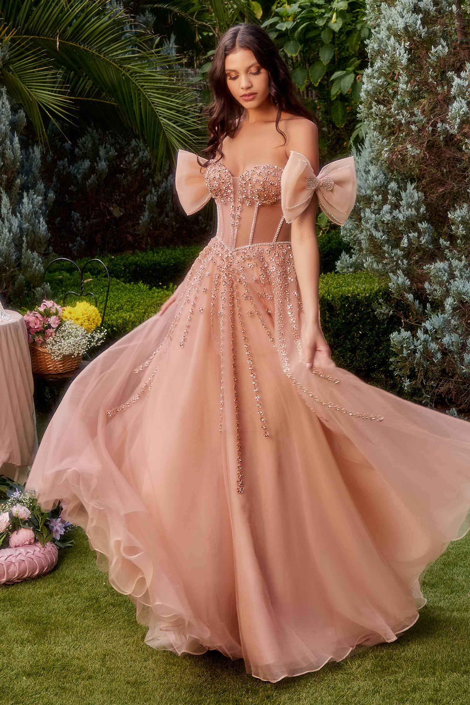 Prom Dresses Bow Sleeve Formal Prom Long Dress Rose Gold