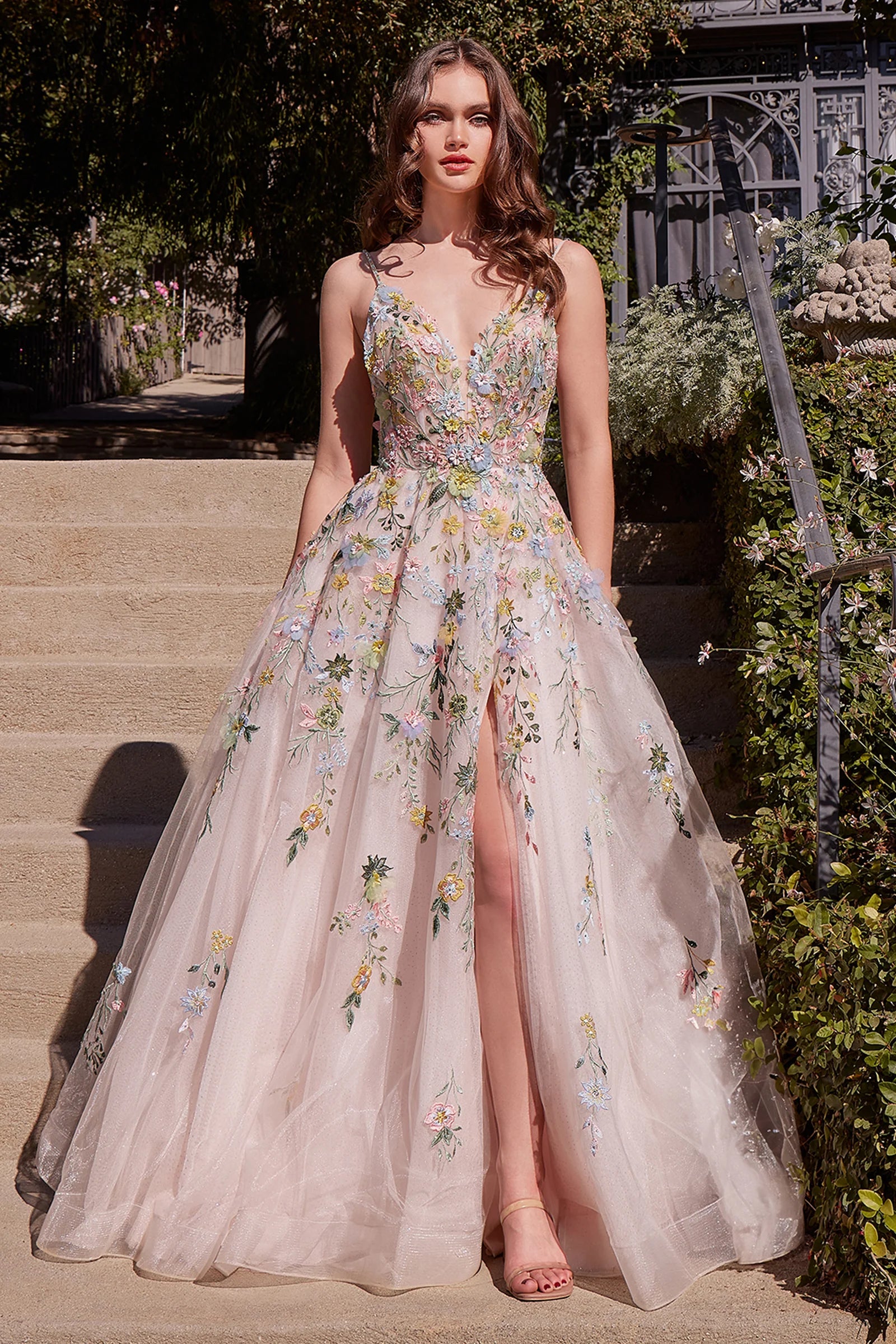 Andrea & Leo A1460 Long A Line Formal Floral Applique Prom Dress