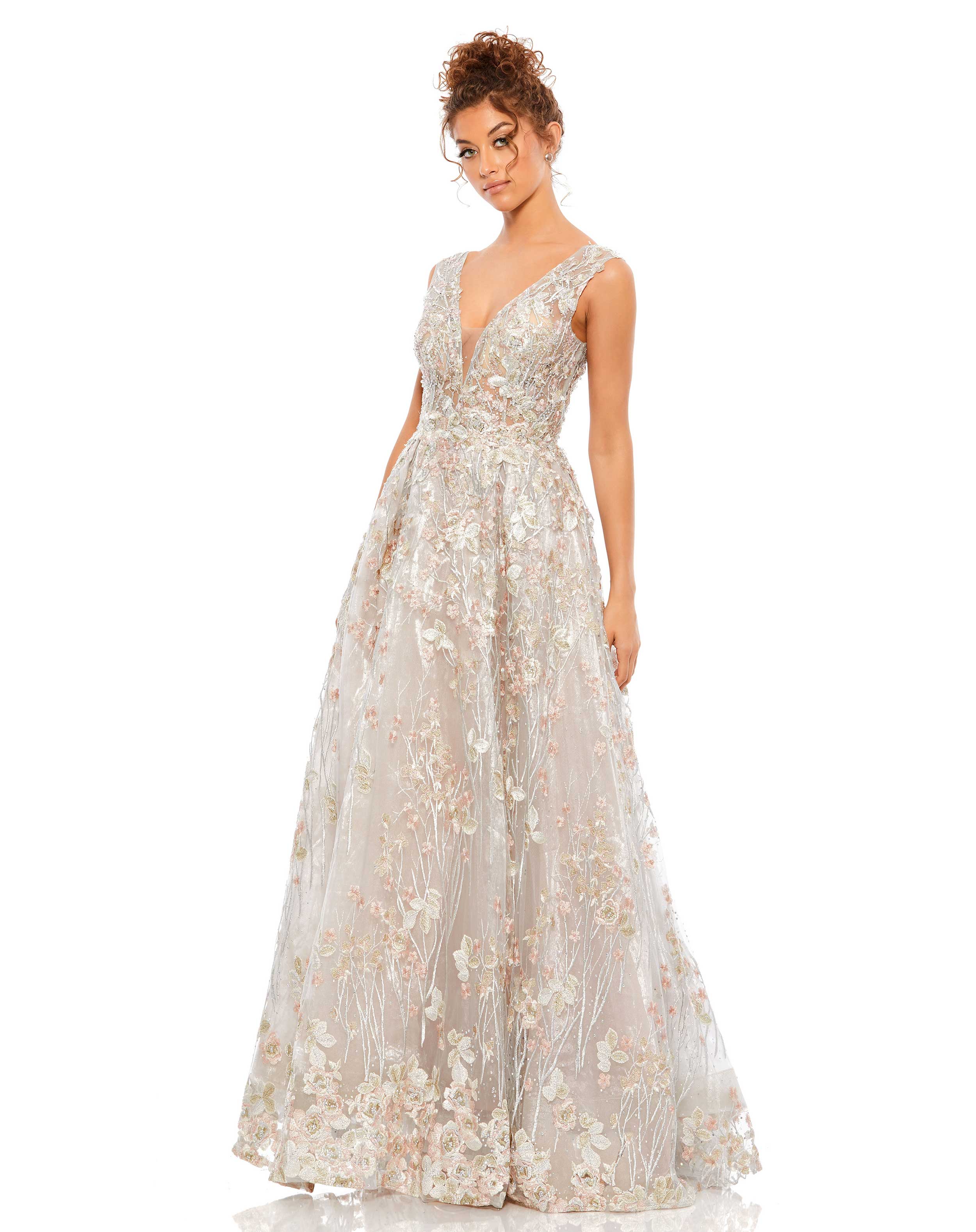 Prom Dresses Beaded A Line Long Formal Prom Gown Floral Multi