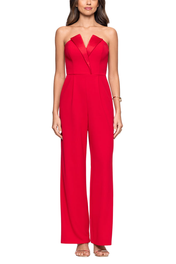 Strapless Floor Length Tuxedo Jumpsuit Back Zipper and Side Pockets Betsy & Adam A26528
