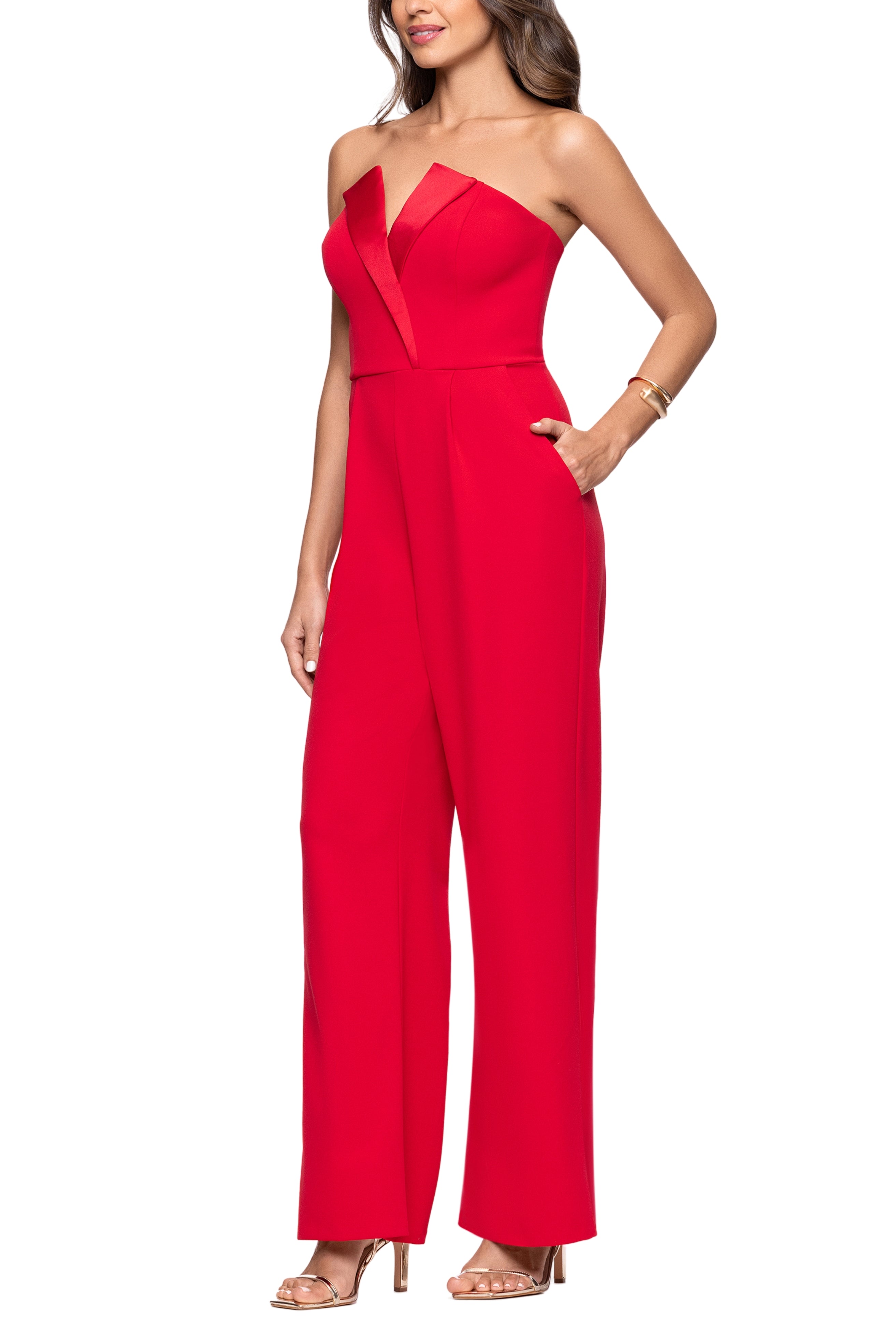 Strapless Floor Length Tuxedo Jumpsuit Back Zipper and Side Pockets Betsy &  Adam A26528 – The Dress Outlet