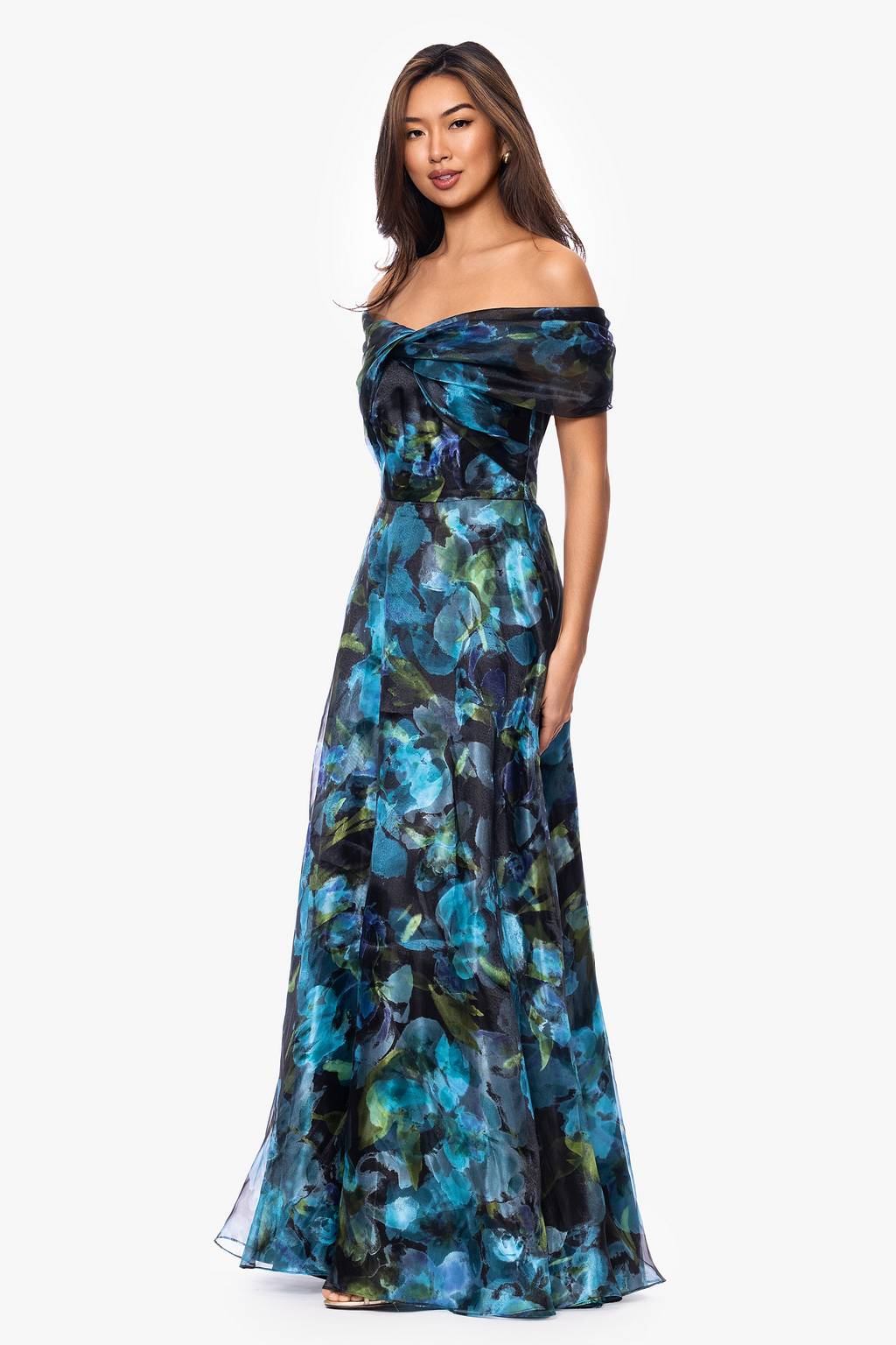 Black/Teal Betsy & Adam A27973 Off-the-Shoulder Floor-Length Organza Formal A-Line