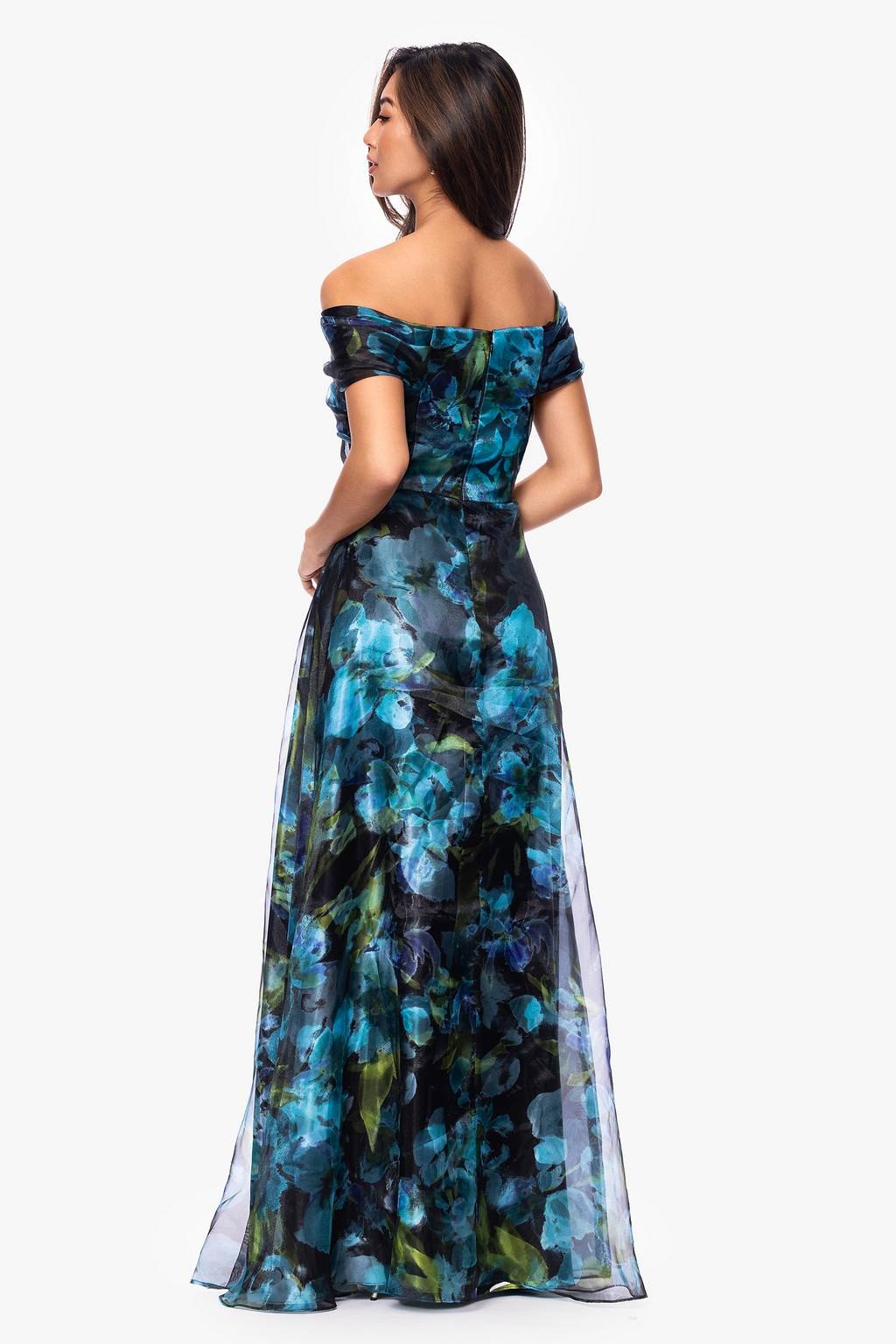Black/Teal Betsy & Adam A27973 Off-the-Shoulder Floor-Length Organza Formal A-Line
