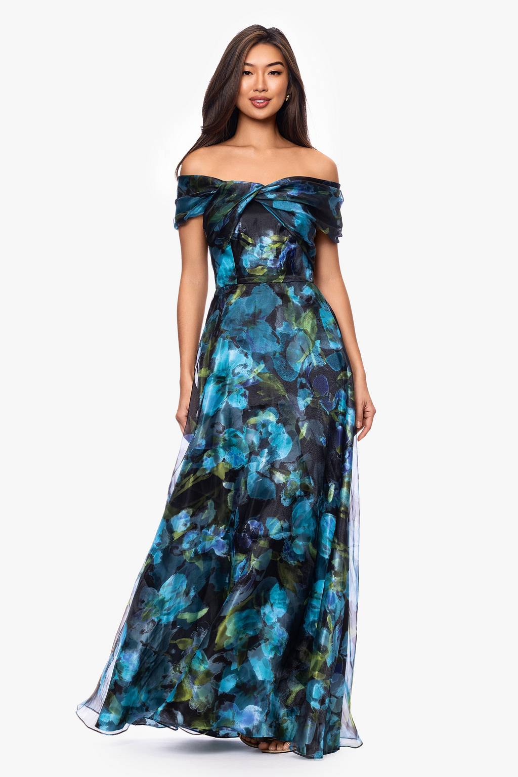 Black/Teal Betsy & Adam A27973 Off-the-Shoulder Floor-Length Organza Formal A-Line