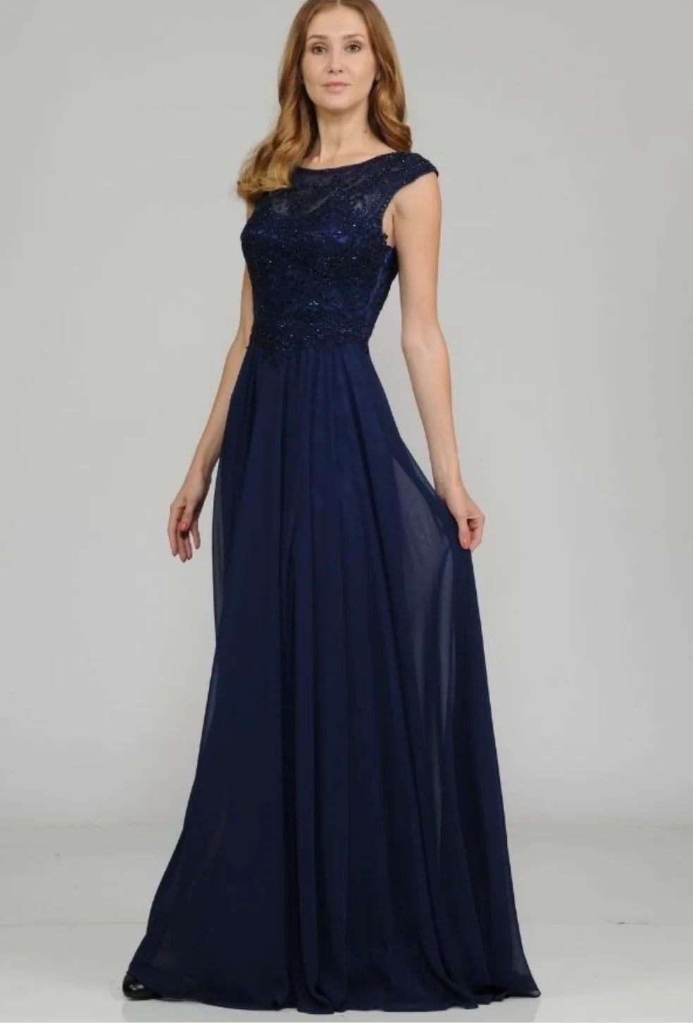 Navy Jewel Floor-Length Chiffon A-Line Formal Gown with Embroidered Bodice Poly USA 8254