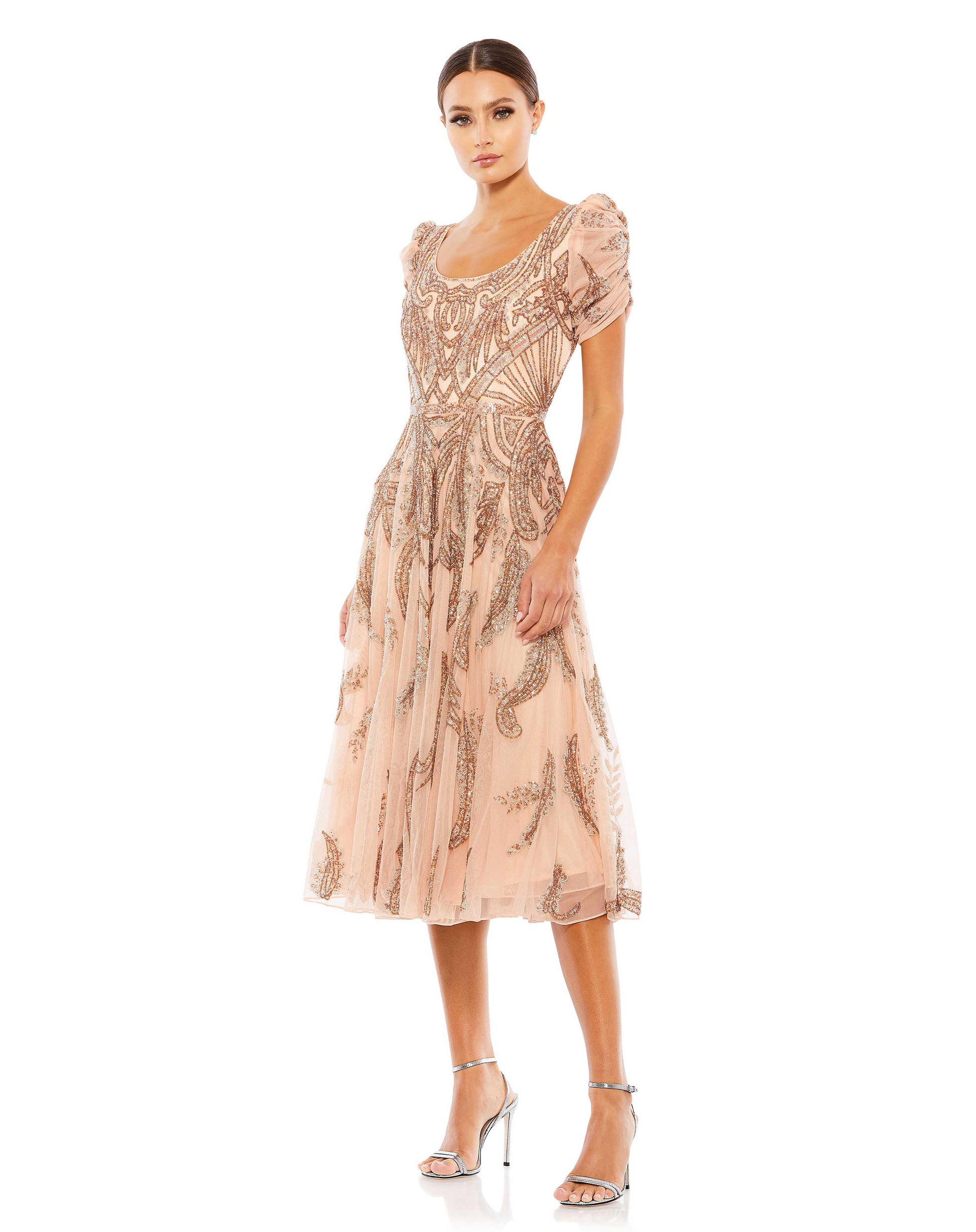 Mac Duggal A5434 Beaded A Line Tea Length Formal Dress