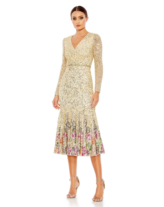 Formal Dresses Beaded Long Sleeve Tea Length Dress Gold Multi
