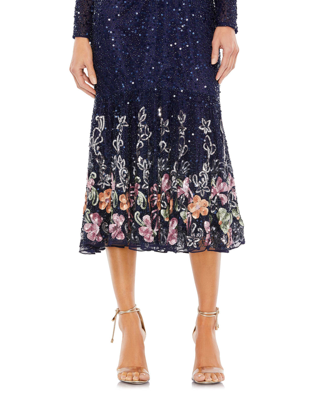 Formal Dresses Beaded Long Sleeve Tea Length Dress Midnight