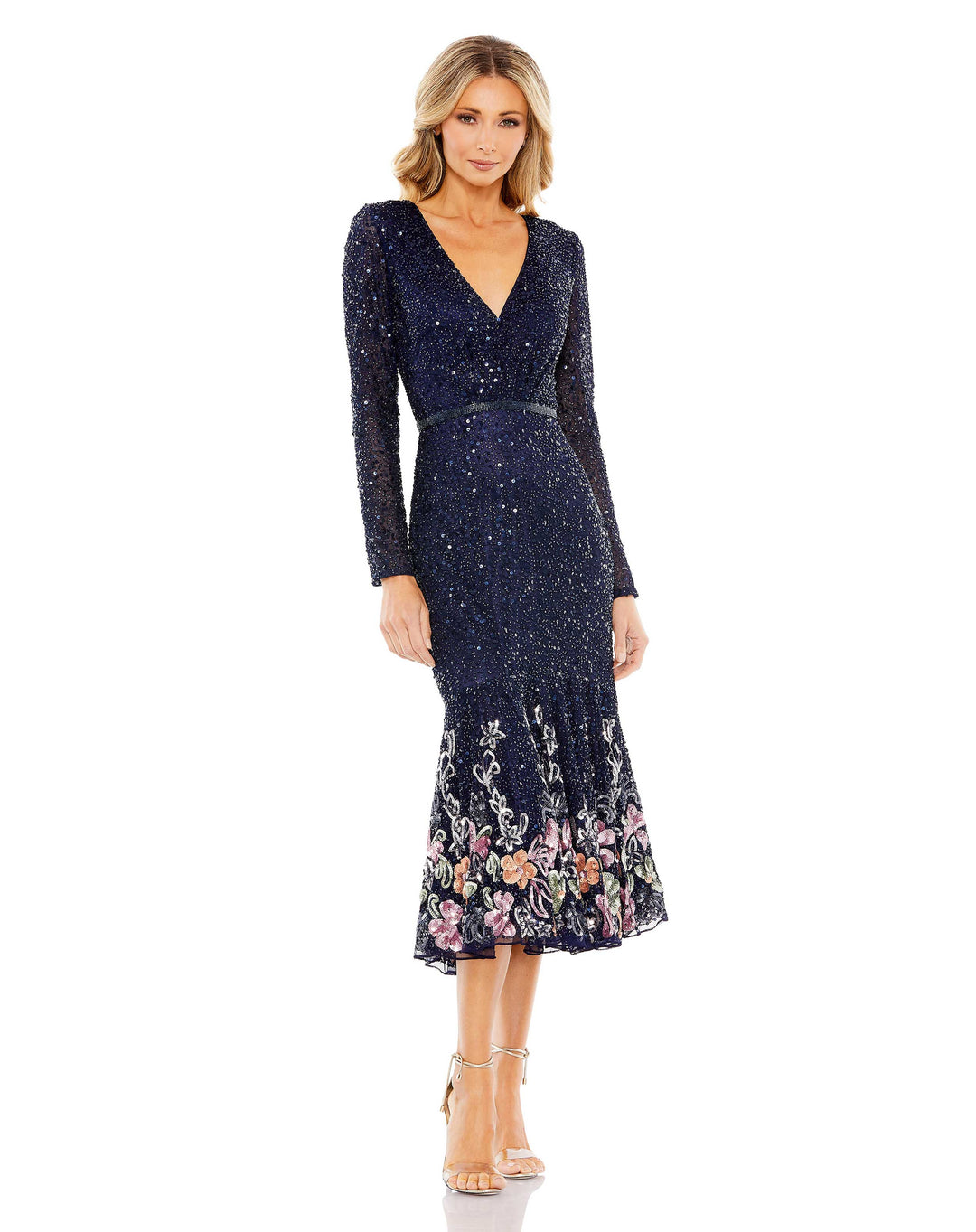 Formal Dresses Beaded Long Sleeve Tea Length Dress Midnight
