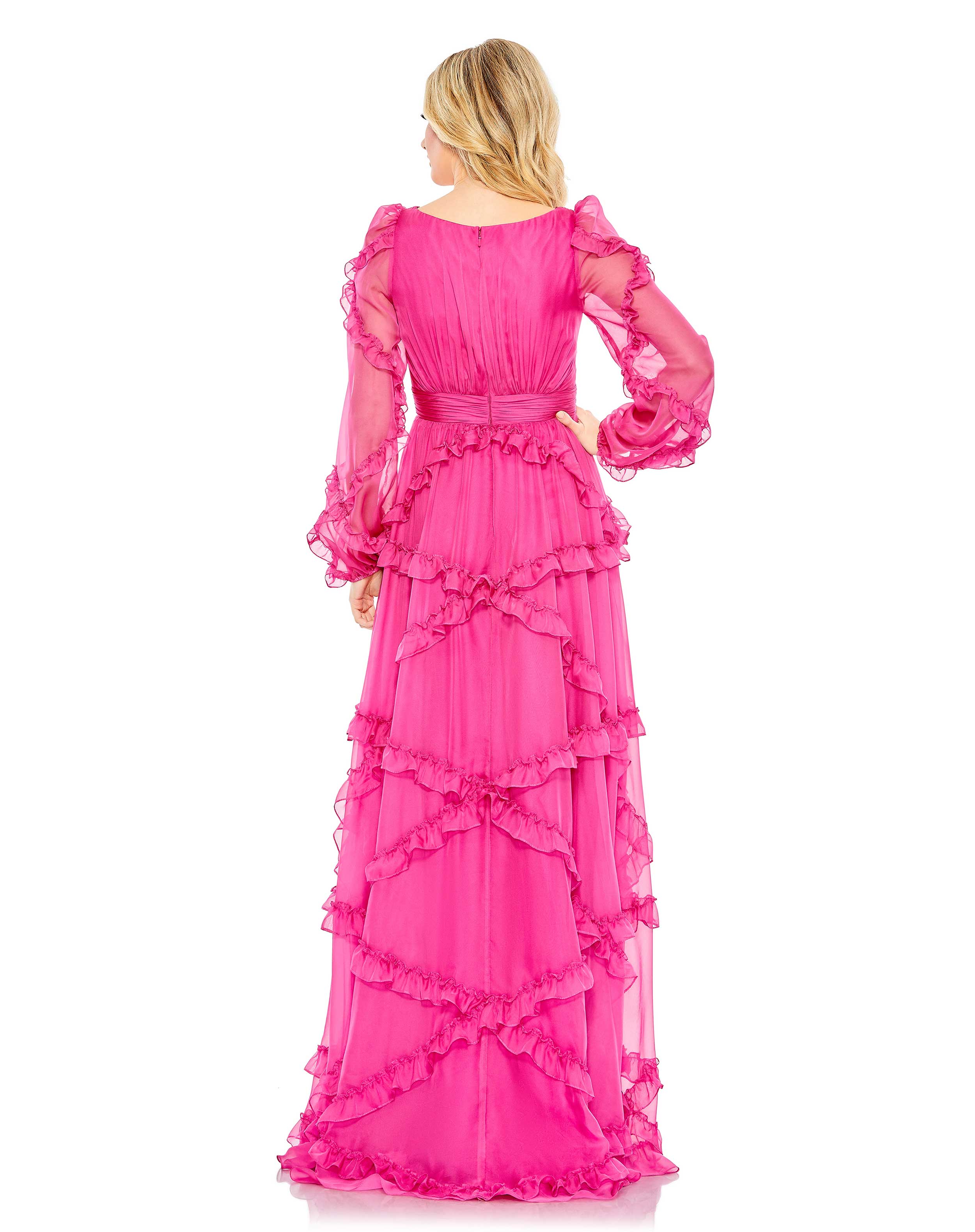 formal pink maxi dress with sleeves Berylove Women Pink Chiffon A Line Ruffle Maxi Dress with Long Sleeves Tiered V Neck Backless Wedding Guest Dress, Pink / L main image 1