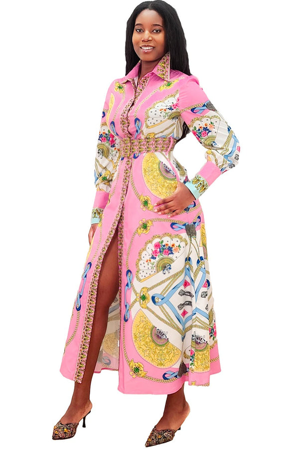 Long Sleeve Fan Print Pockets Dress