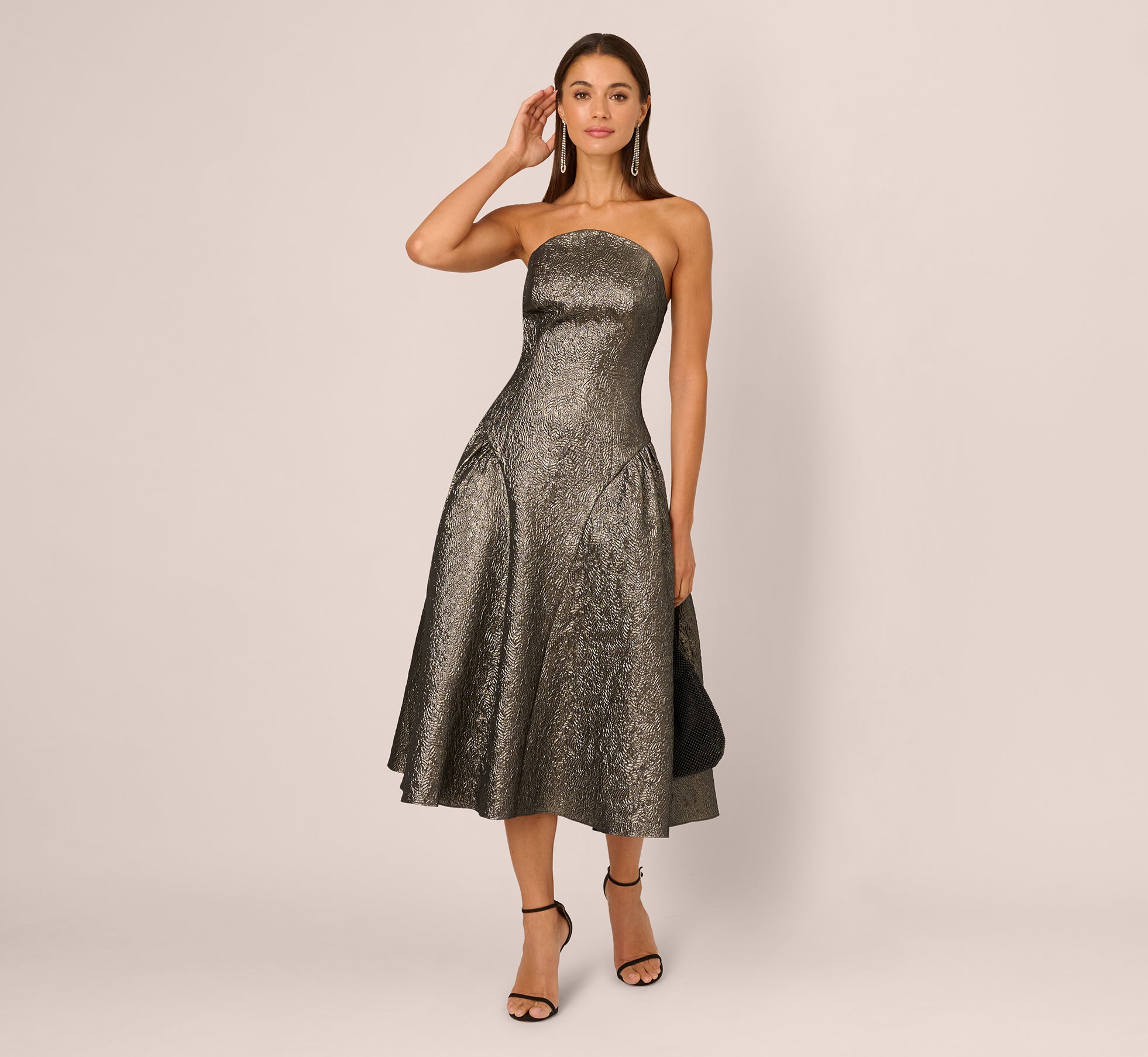 Adrianna Papell AD3D106246 A Line Metallic Midi Cocktail Dress