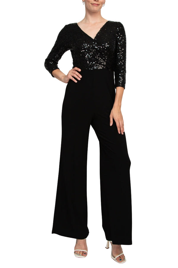 V-Neck Full-Length Sequin Evening Jumpsuit with Three-Quarter Sleeves Adrianna Papell AD5E210877