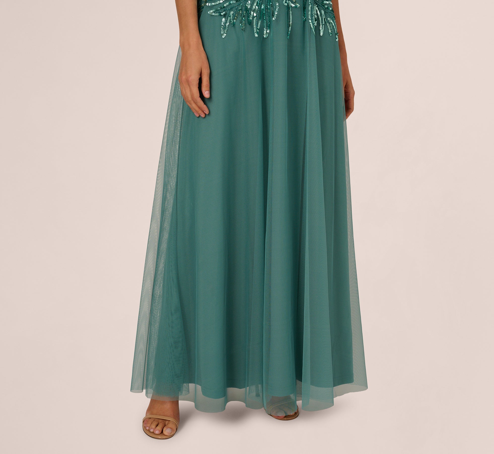 Green Slate Adrianna Papell AD5E211660 V-Neck Long Mesh Formal Dress Sequin