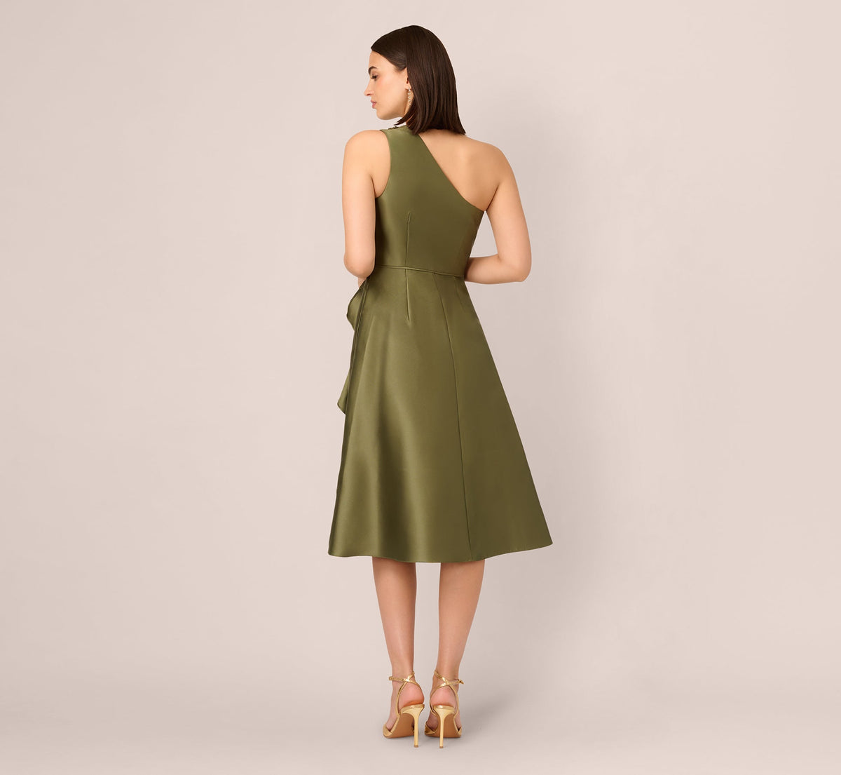 Jungle Olive Adrianna Papell AD5E212246 One-Shoulder Knee-Length Satin Cocktail Dress Ruffle