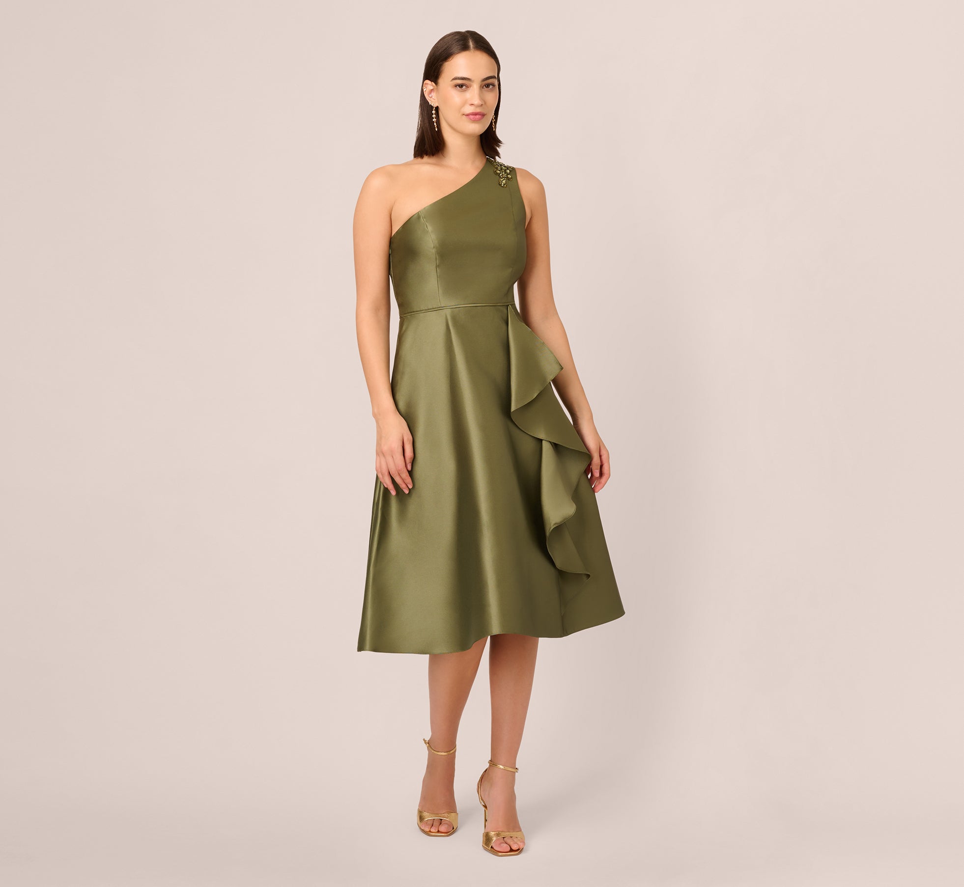 Jungle Olive Adrianna Papell AD5E212246 One-Shoulder Knee-Length Satin Cocktail Dress Ruffle