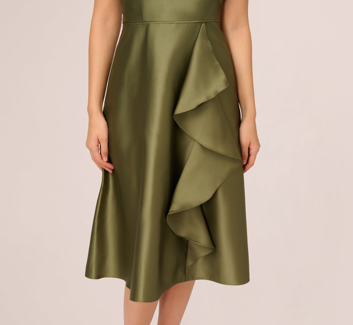 Jungle Olive Adrianna Papell AD5E212246 One-Shoulder Knee-Length Satin Cocktail Dress Ruffle