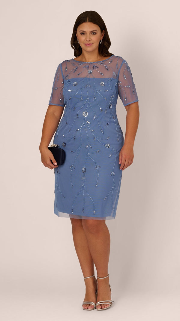 Adrianna Papell 212761 Plus Size Short Sleeve Illusion Floral Beaded Sheath Dress