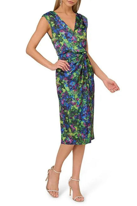 Adrianna Papell ADAE211465 Short Floral Print Midi Cocktail Dress