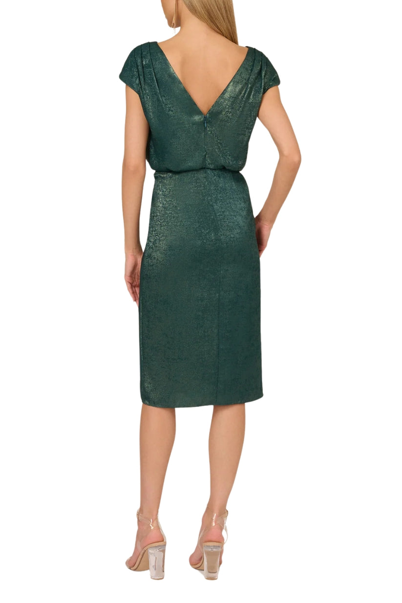 Adrianna Papell ADAE211466 Short Pleated Metallic Cocktail Dress