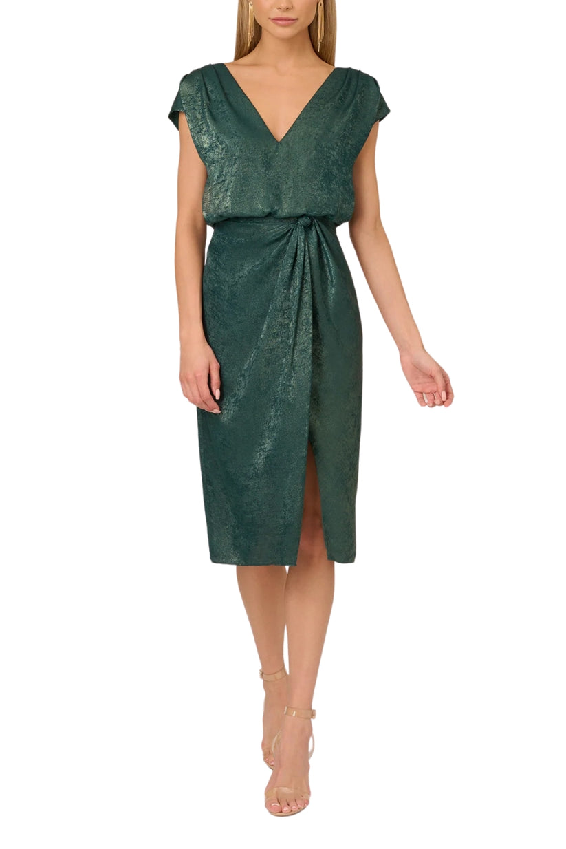 Adrianna Papell ADAE211466 Short Pleated Metallic Cocktail Dress