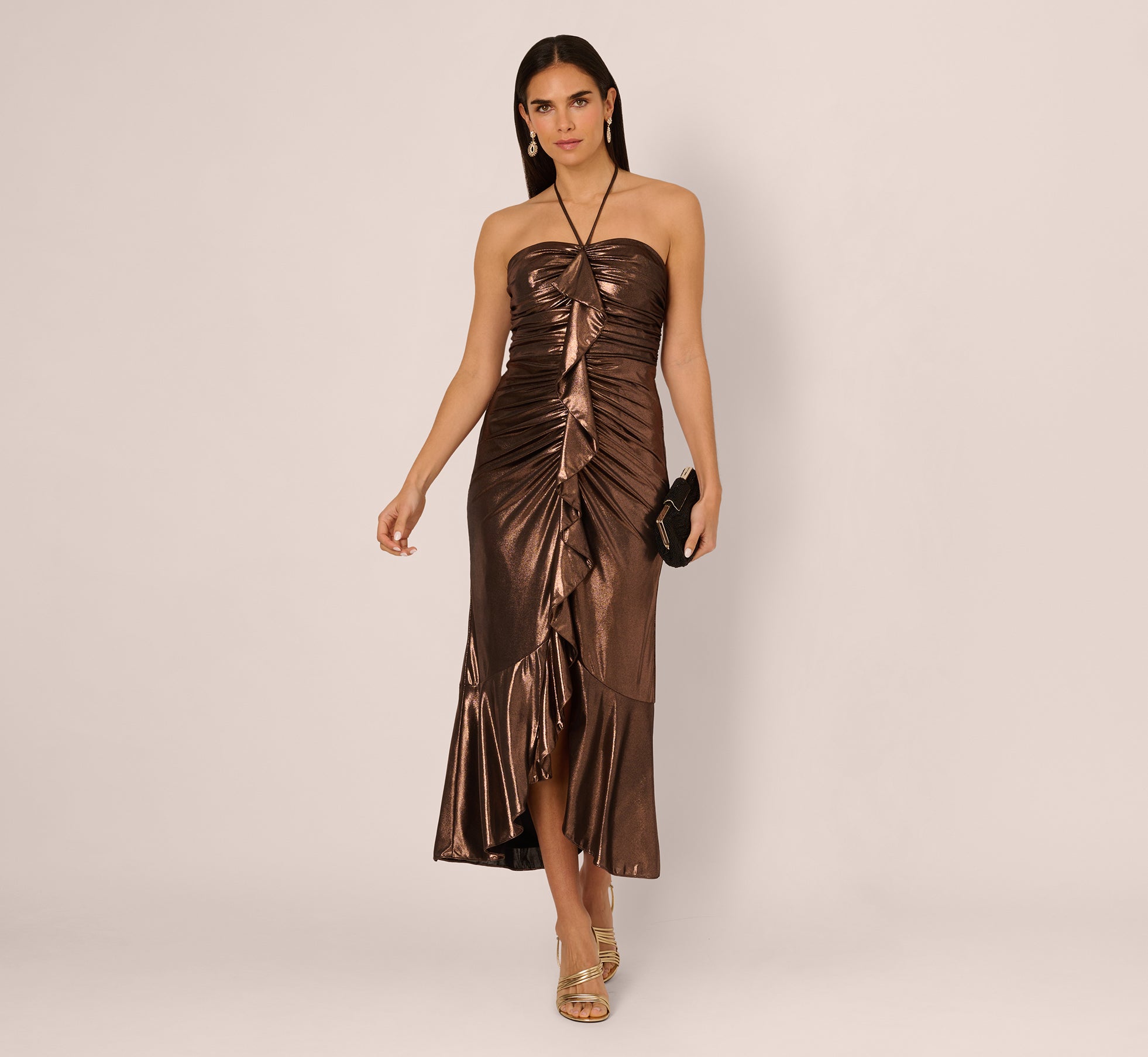 Adrianna Papell ADAE212195 Halter Midi Metallic Cocktail Ruffle Dress – The Dress Outlet