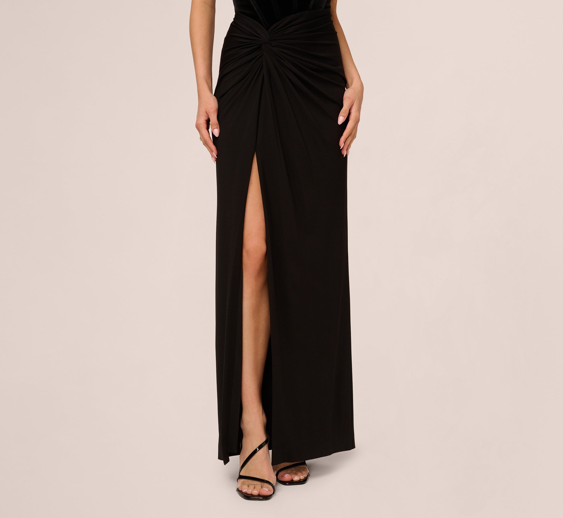 Black Adrianna Papell ADAE212425 Strapless Velvet Corset Floor-Length Prom Slit Gown